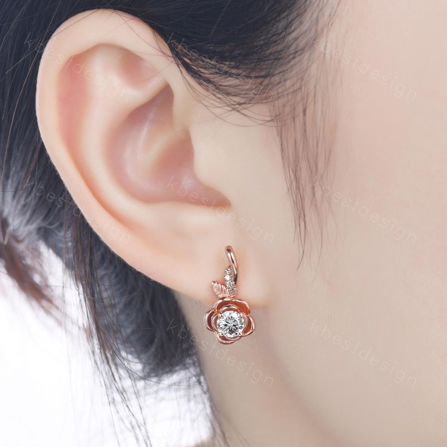 Floral inspired moissanite earrings women rose gold earring studs branch leaf earrings art deco moissanite studs anniversary gift for her