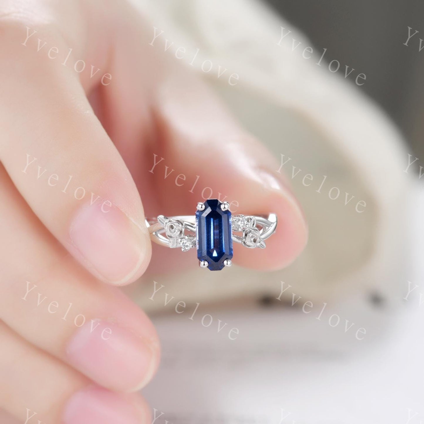 Vintage Blue Sapphire Twig Engagement Ring Set,leaves flower ring,Silver,Curved emerald stacking wedding band,Unique Bridal Promise Gift