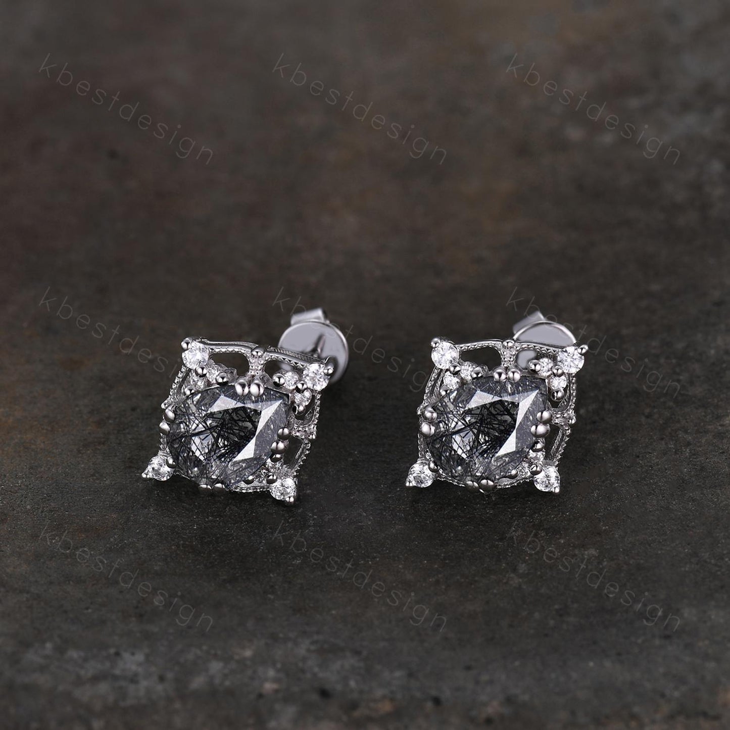 Black ritulated quartz earrings women sterling silver earring studs pear cut earrings vintage quartz studs antique anniversary gift for her