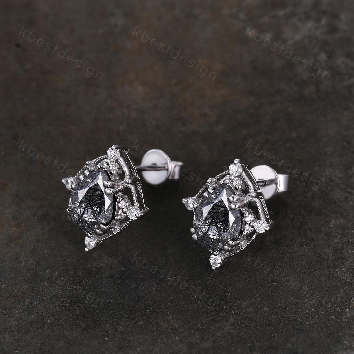 Black ritulated quartz earrings women sterling silver earring studs pear cut earrings vintage quartz studs antique anniversary gift for her