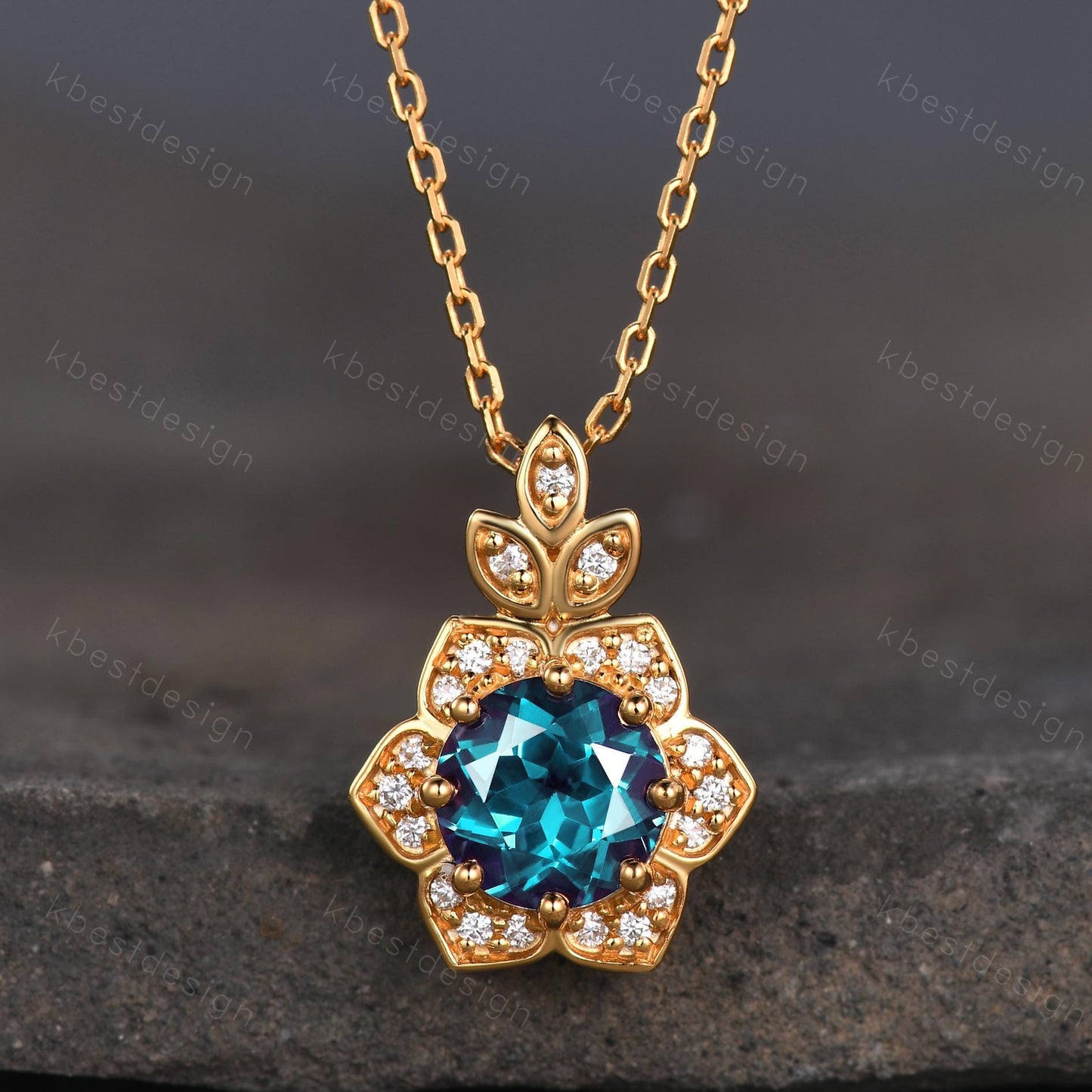 Vintage round Alexandrite necklace antique moissanite halo pendant necklace yellow gold alexandrite necklace June Birthstone gift for her