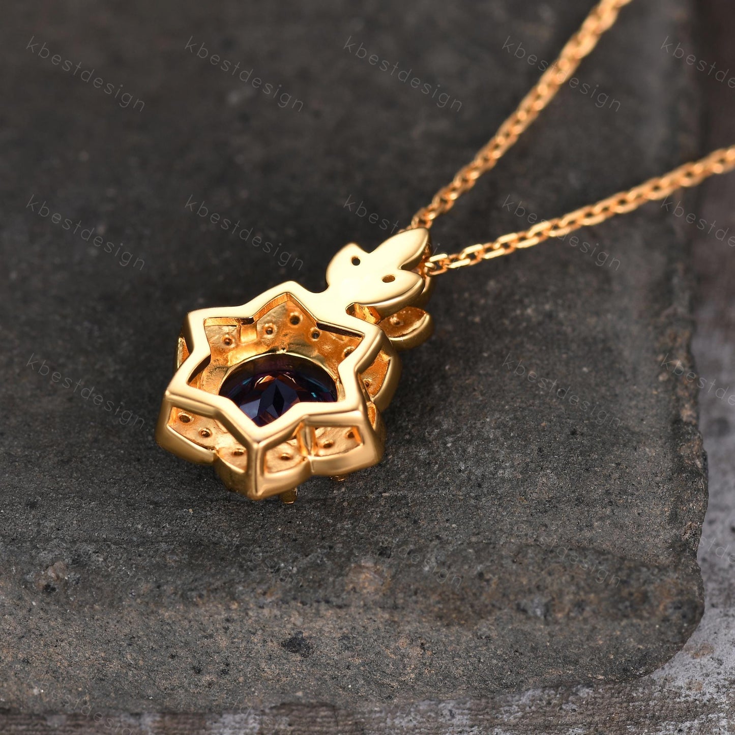Vintage round Alexandrite necklace antique moissanite halo pendant necklace yellow gold alexandrite necklace June Birthstone gift for her
