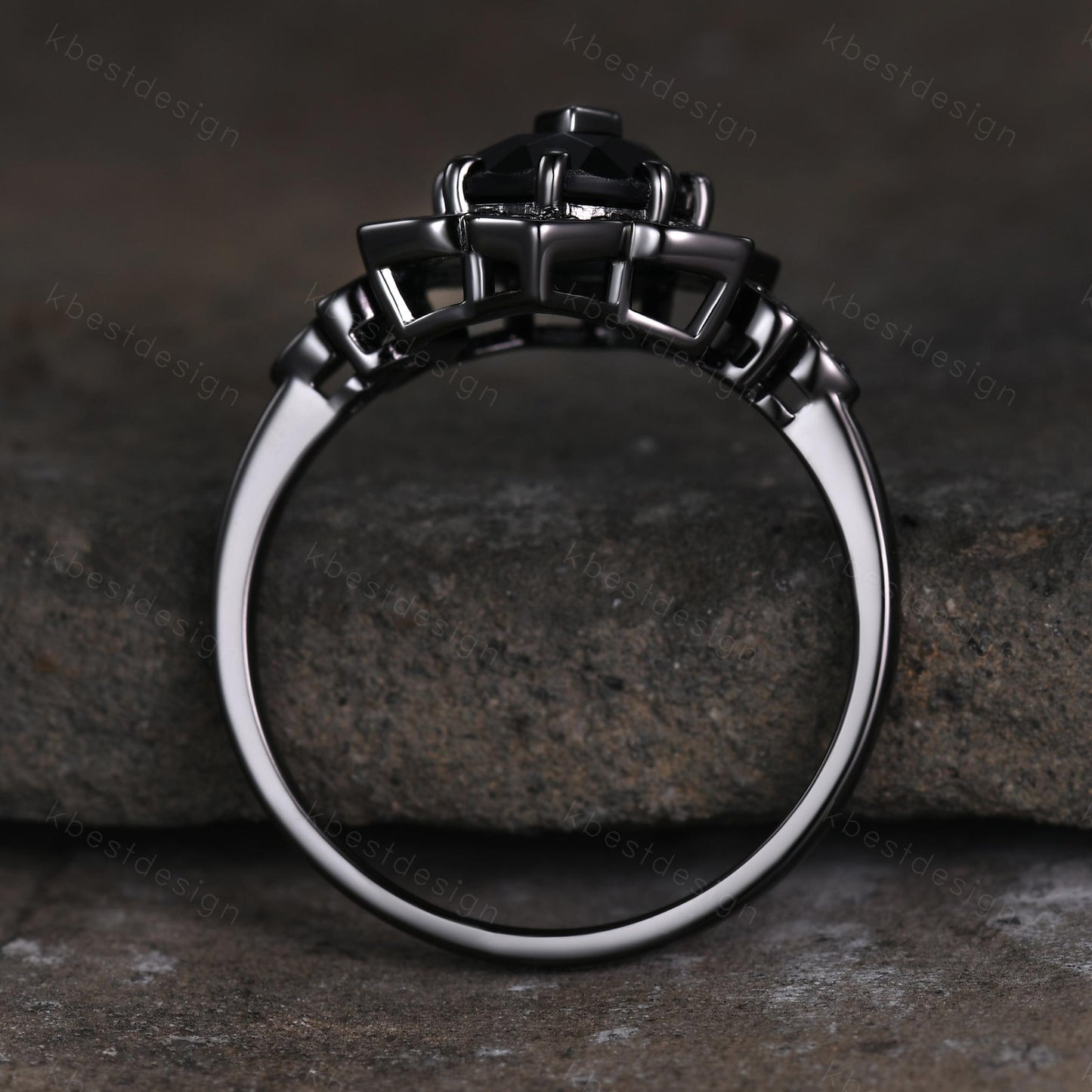 Antique black onyx engagement ring Black gold ring Art deco floral design moissanite wedding ring unique petal ring bridal promise ring