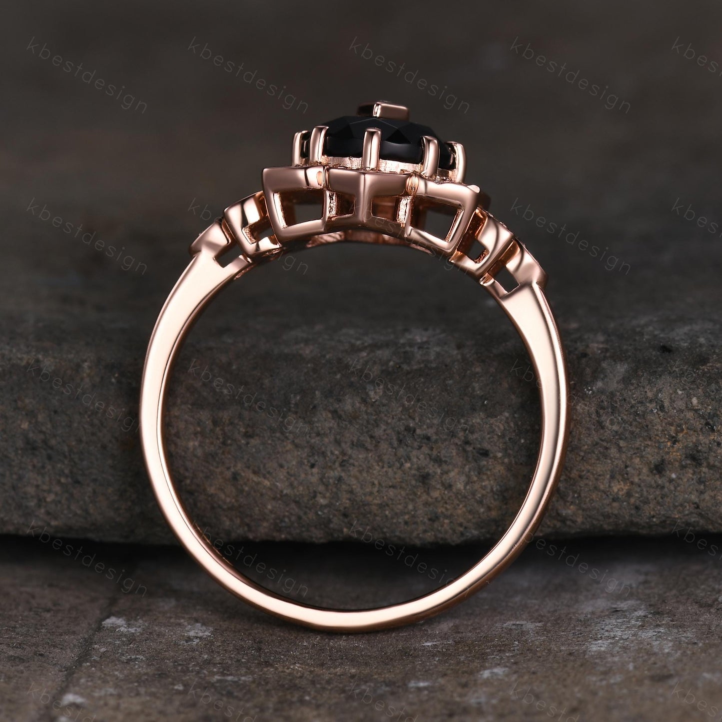 Vintage round Black Onyx engagement ring antique moissanite halo ring rose gold floral petal ring Nature inspired ring Promise ring