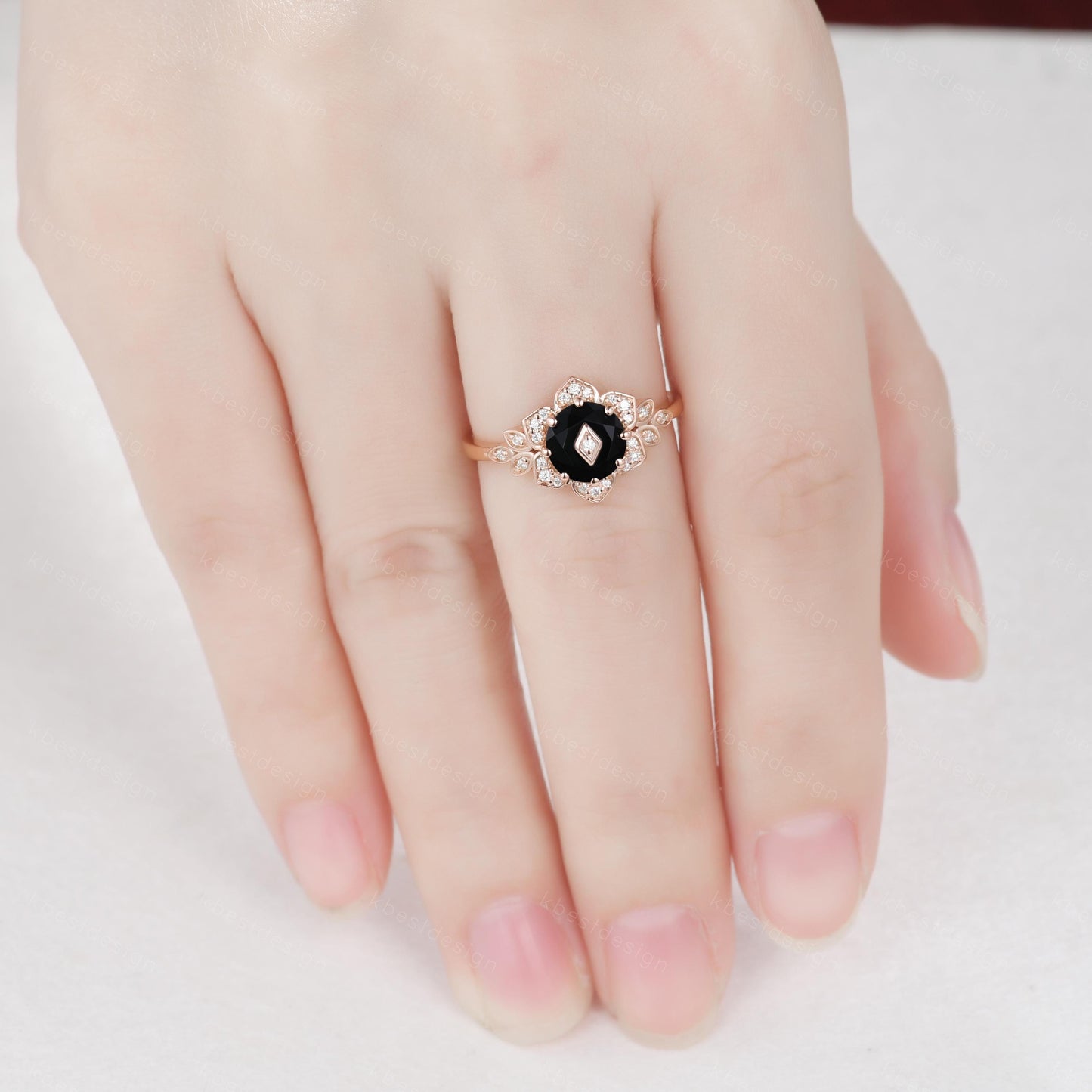 Vintage round Black Onyx engagement ring antique moissanite halo ring rose gold floral petal ring Nature inspired ring Promise ring