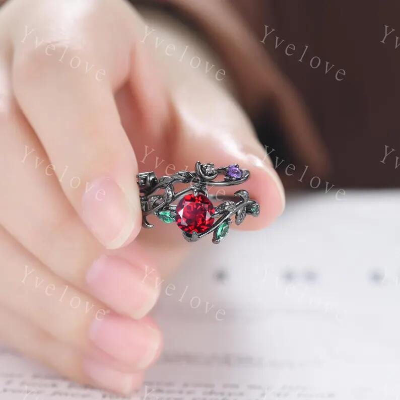 Vintage Round Red Garnet Engagement Ring,Silver Black Gold,Cluster Leaf Vine Emerald Wedding Ring,Women Bridal Ring,Art Deco Promise Gift