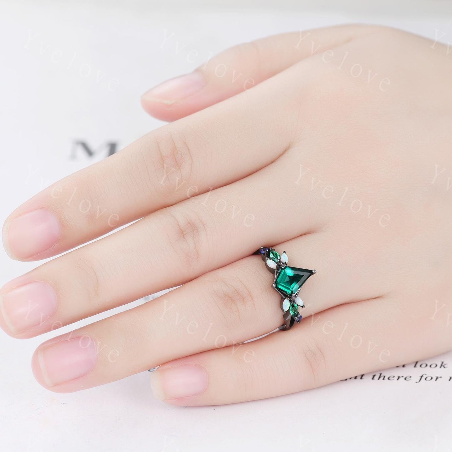 Vintage Kite Emerald Engagement Ring Set,Black Gold,Vines Sapphire Opal Ring,Women Bridal Set,Unique Twig Anniversary Promise Ring Gift