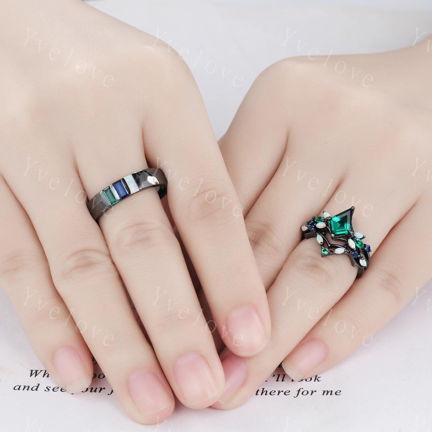 Couple Ring Set Mens Kite Green Emerald Engagement Ring Baguette Opal Sapphire Wedding Ring Black Band Mens Stacking Ring Birthstone Gift