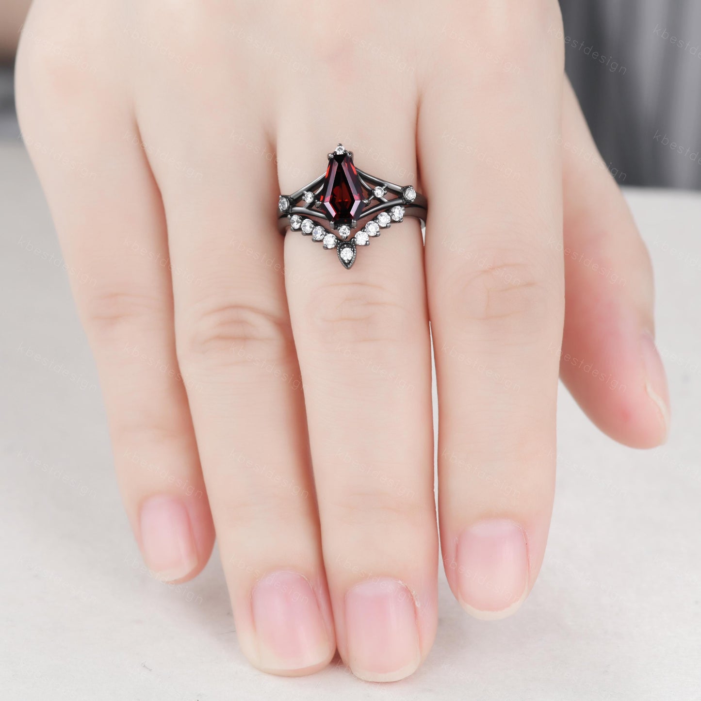 Gothic Garnet Engagement Ring Set Black Gold Rings For Women Unique Curved Moissanite Stacking Band Art Deco Shank Ring Promise Ring