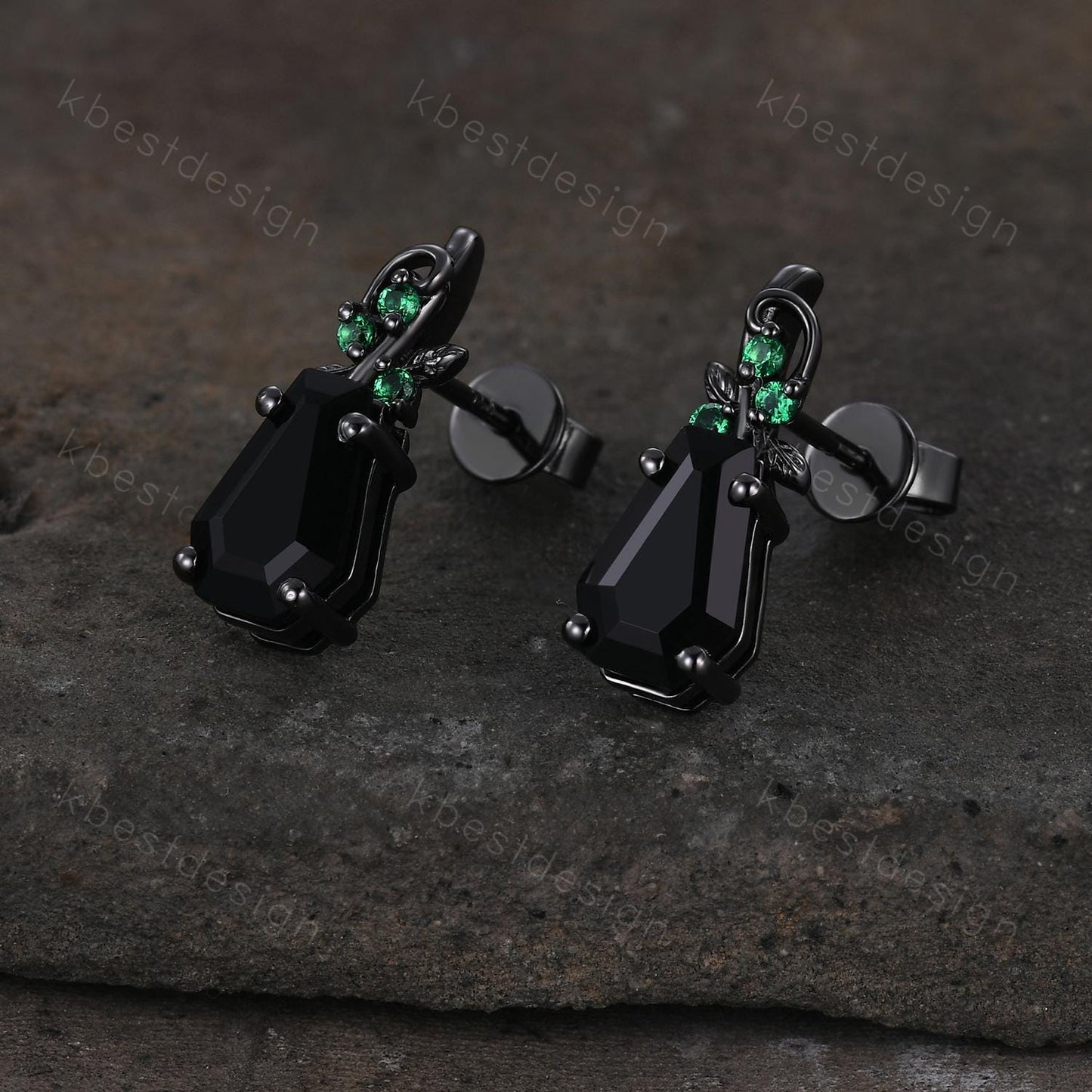 Nature inspired black onyx earrings women black gold earring studs coffin cut earrings art deco twig studs anniversary gift for her