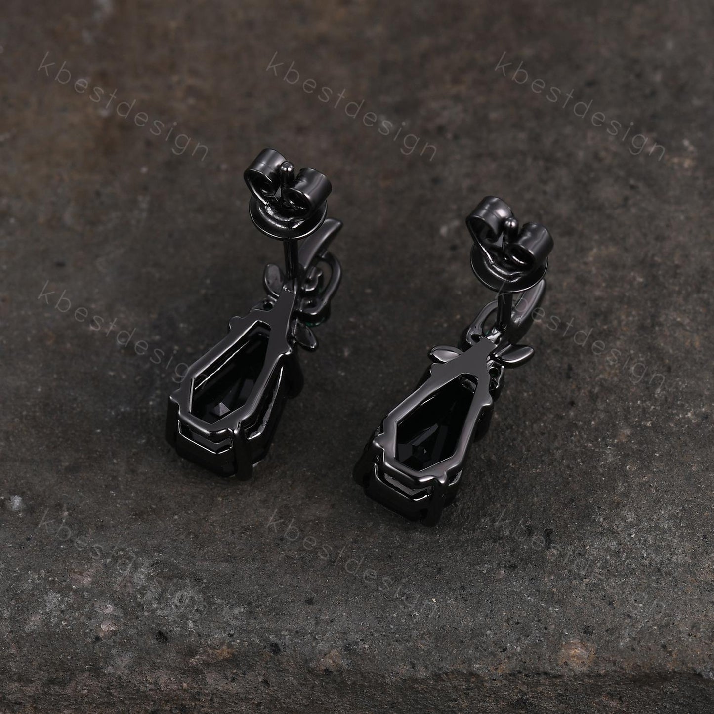 Nature inspired black onyx earrings women black gold earring studs coffin cut earrings art deco twig studs anniversary gift for her