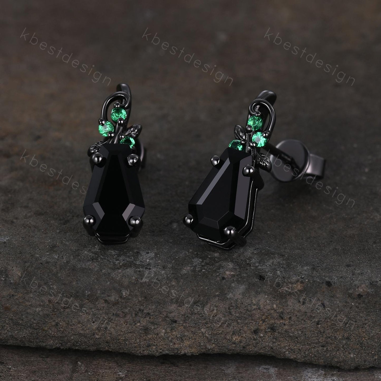 Nature inspired black onyx earrings women black gold earring studs coffin cut earrings art deco twig studs anniversary gift for her