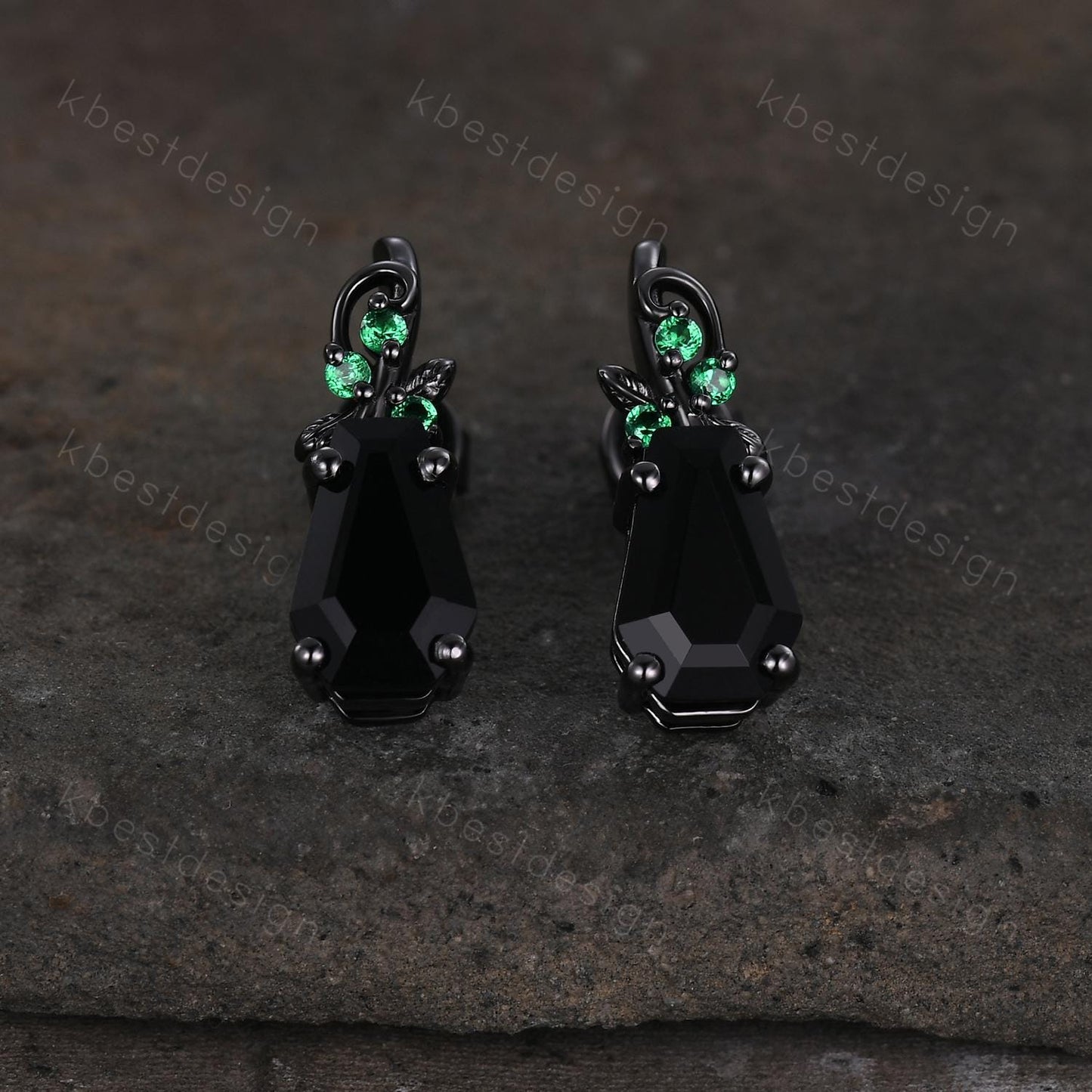 Nature inspired black onyx earrings women black gold earring studs coffin cut earrings art deco twig studs anniversary gift for her