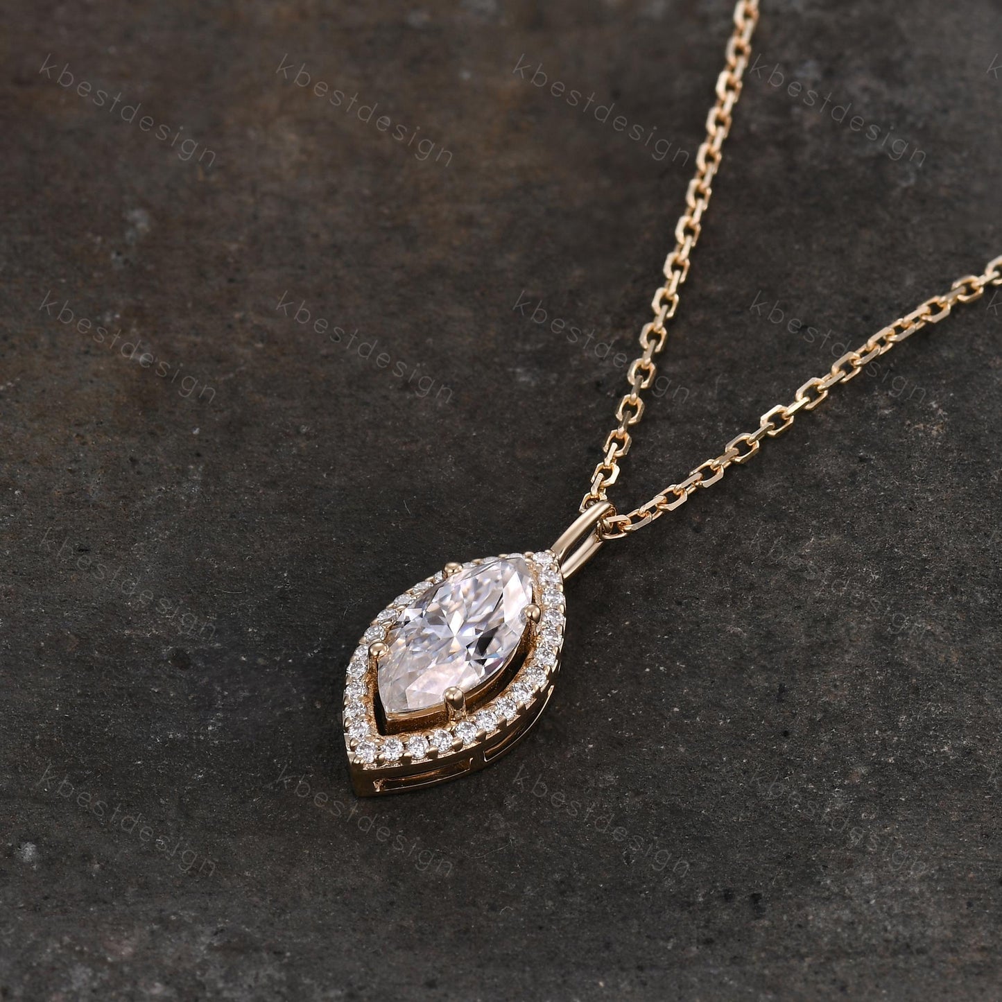 Marquise cut Moissanite necklace 14k solid gold halo moissanite diamond necklace pendant Vintage bridal anniversary gift for her