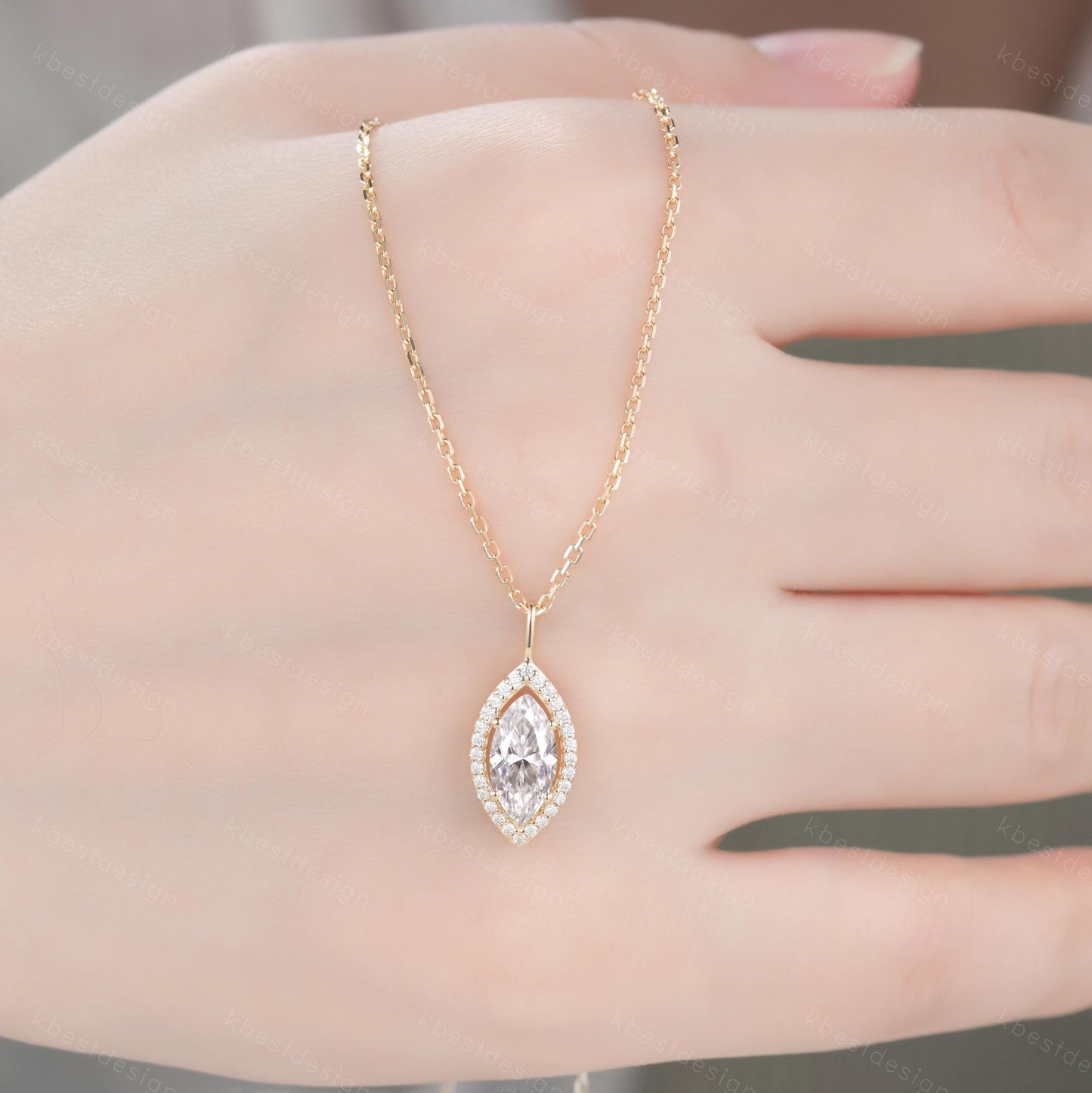 Marquise cut Moissanite necklace 14k solid gold halo moissanite diamond necklace pendant Vintage bridal anniversary gift for her