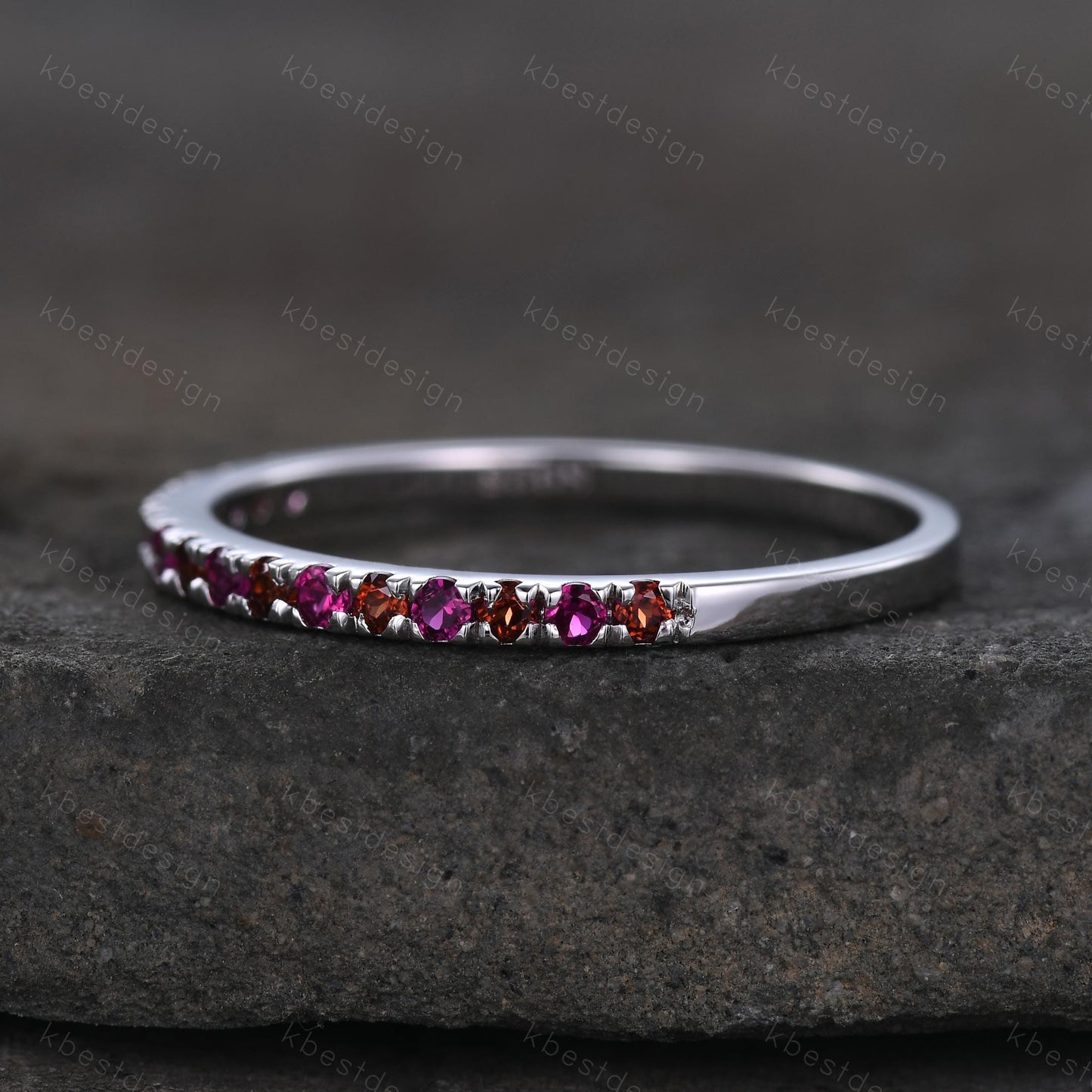 Garnet and Ruby Wedding Ring, Half Eternity Band, Garnet Wedding Ring, Two Birthstone Ring, Gemstone Band, Anniversary Ring