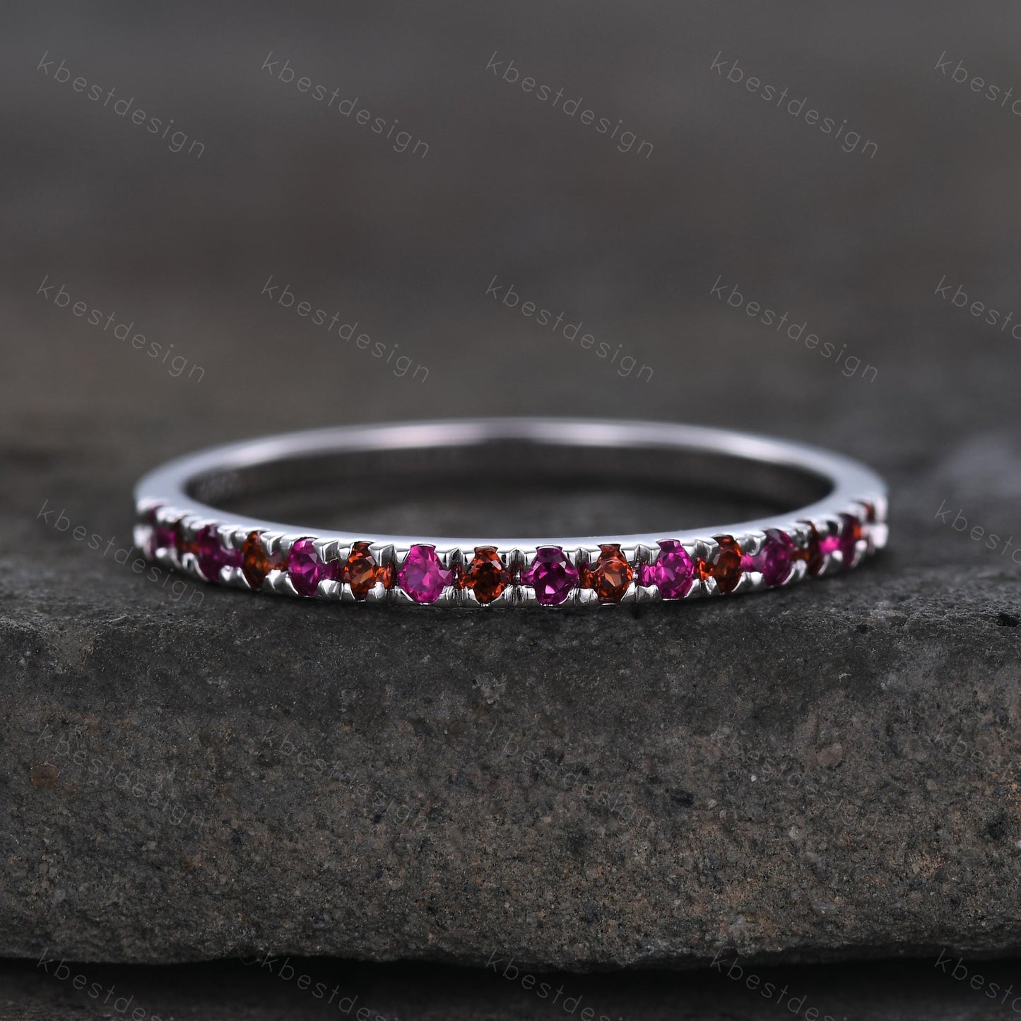 Garnet and Ruby Wedding Ring, Half Eternity Band, Garnet Wedding Ring, Two Birthstone Ring, Gemstone Band, Anniversary Ring