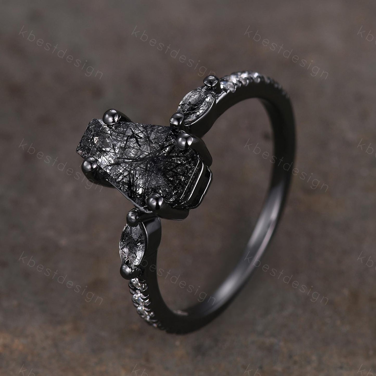 Vintage coffin cut black rutilated quartz ring Gothic black gold engagement ring unique ring Moissanite accents Anniversary promise ring