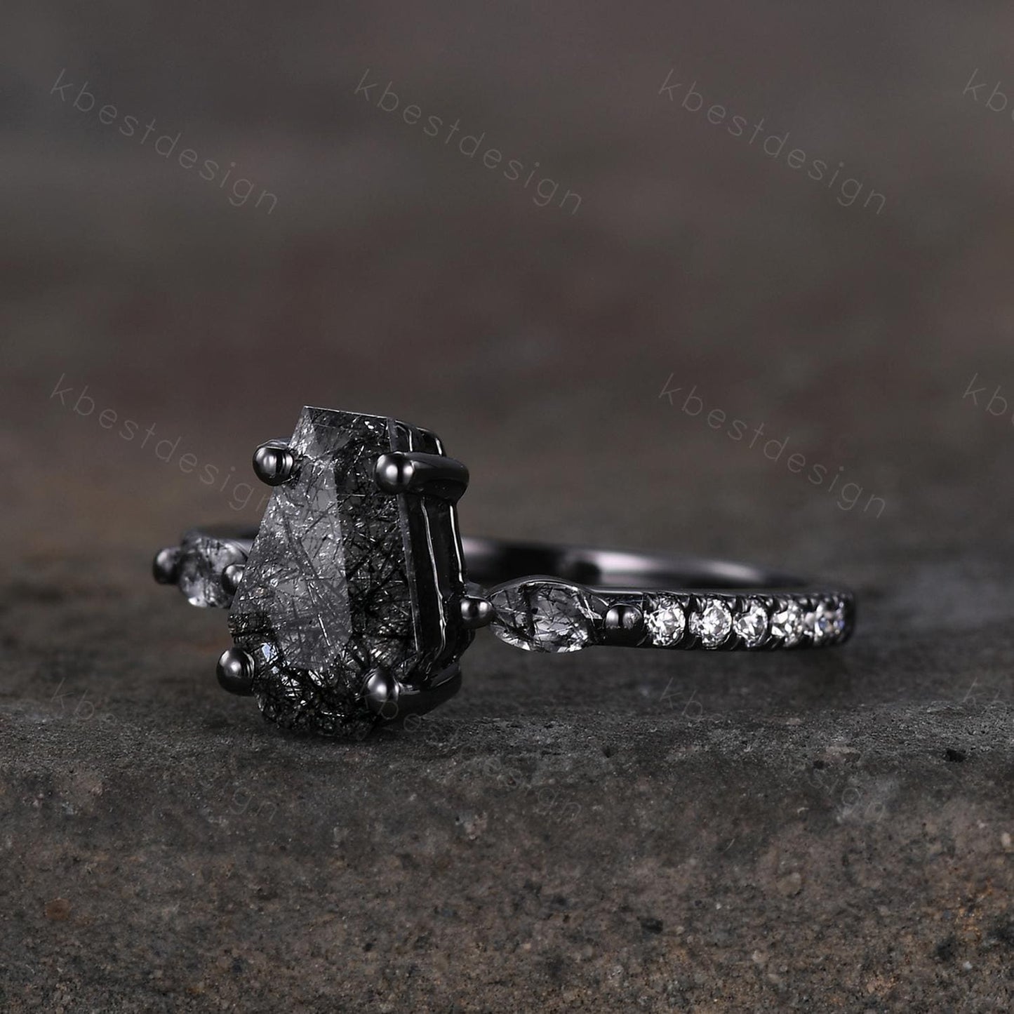 Vintage coffin cut black rutilated quartz ring Gothic black gold engagement ring unique ring Moissanite accents Anniversary promise ring