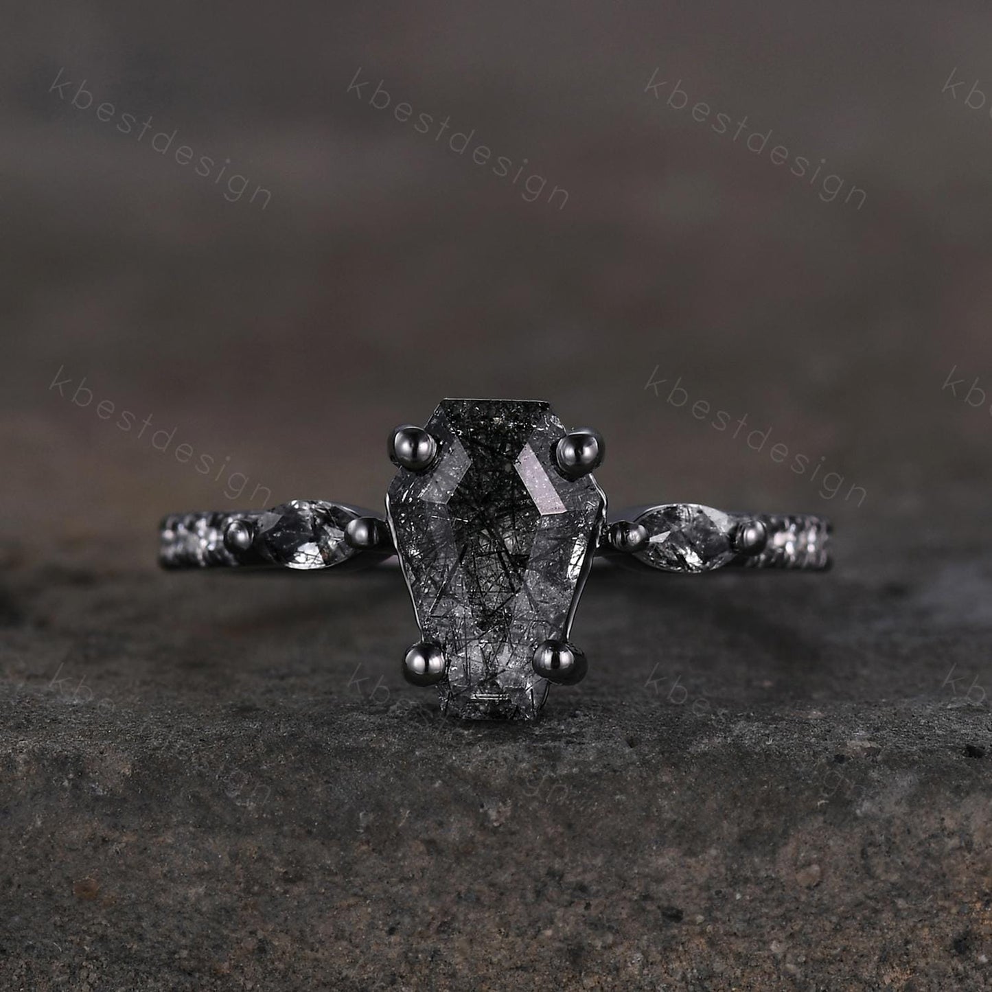 Vintage coffin cut black rutilated quartz ring Gothic black gold engagement ring unique ring Moissanite accents Anniversary promise ring