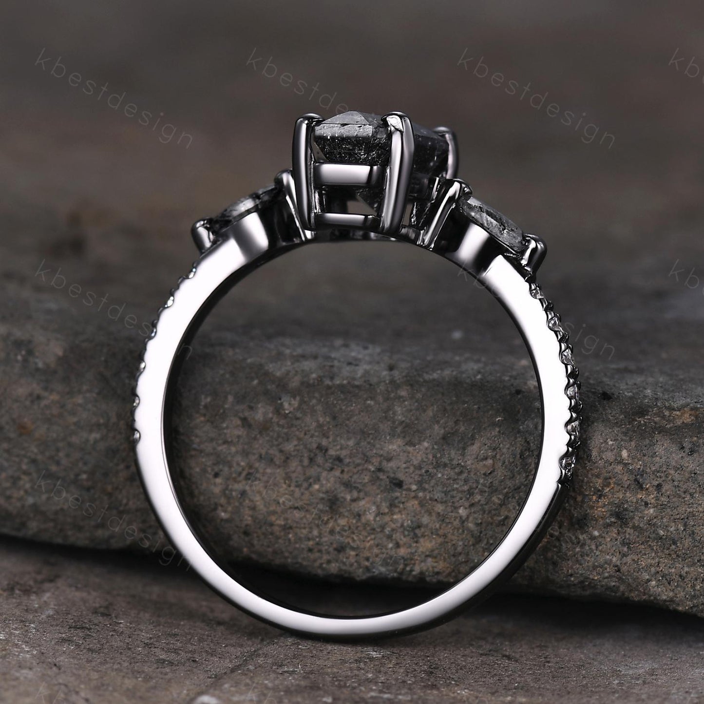Vintage coffin cut black rutilated quartz ring Gothic black gold engagement ring unique ring Moissanite accents Anniversary promise ring