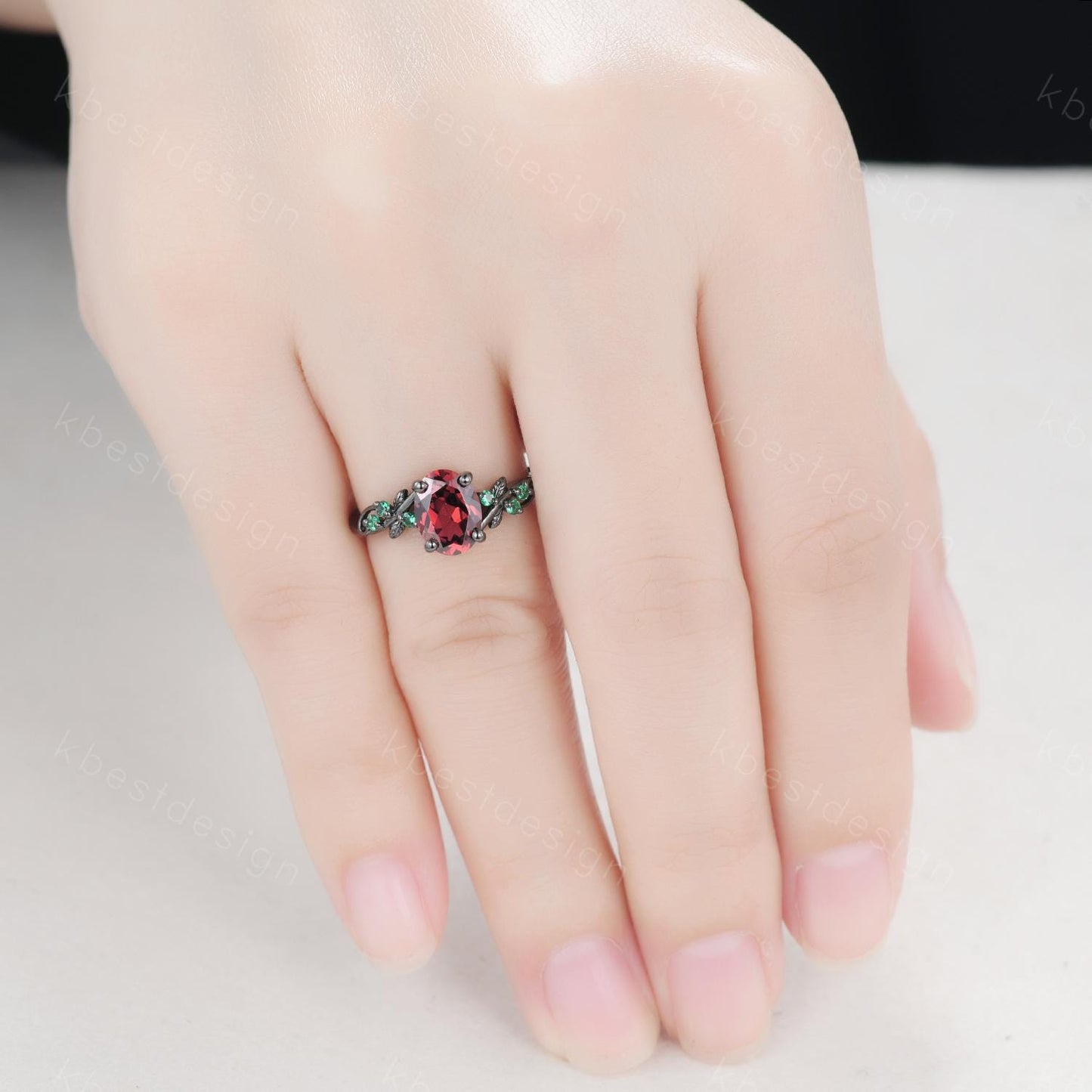 Oval cut Garnet engagement ring set black gold twig leaf emerald ring nature branch ring unique art deco bridal wedding ring set