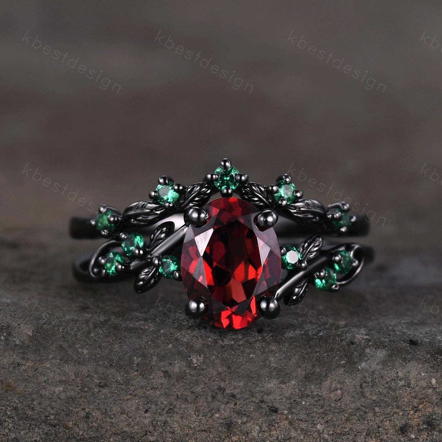 Oval cut Garnet engagement ring set black gold twig leaf emerald ring nature branch ring unique art deco bridal wedding ring set