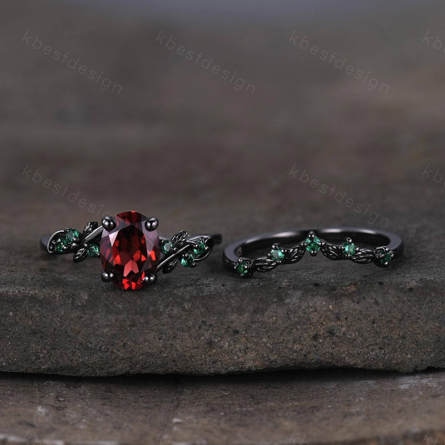 Oval cut Garnet engagement ring set black gold twig leaf emerald ring nature branch ring unique art deco bridal wedding ring set