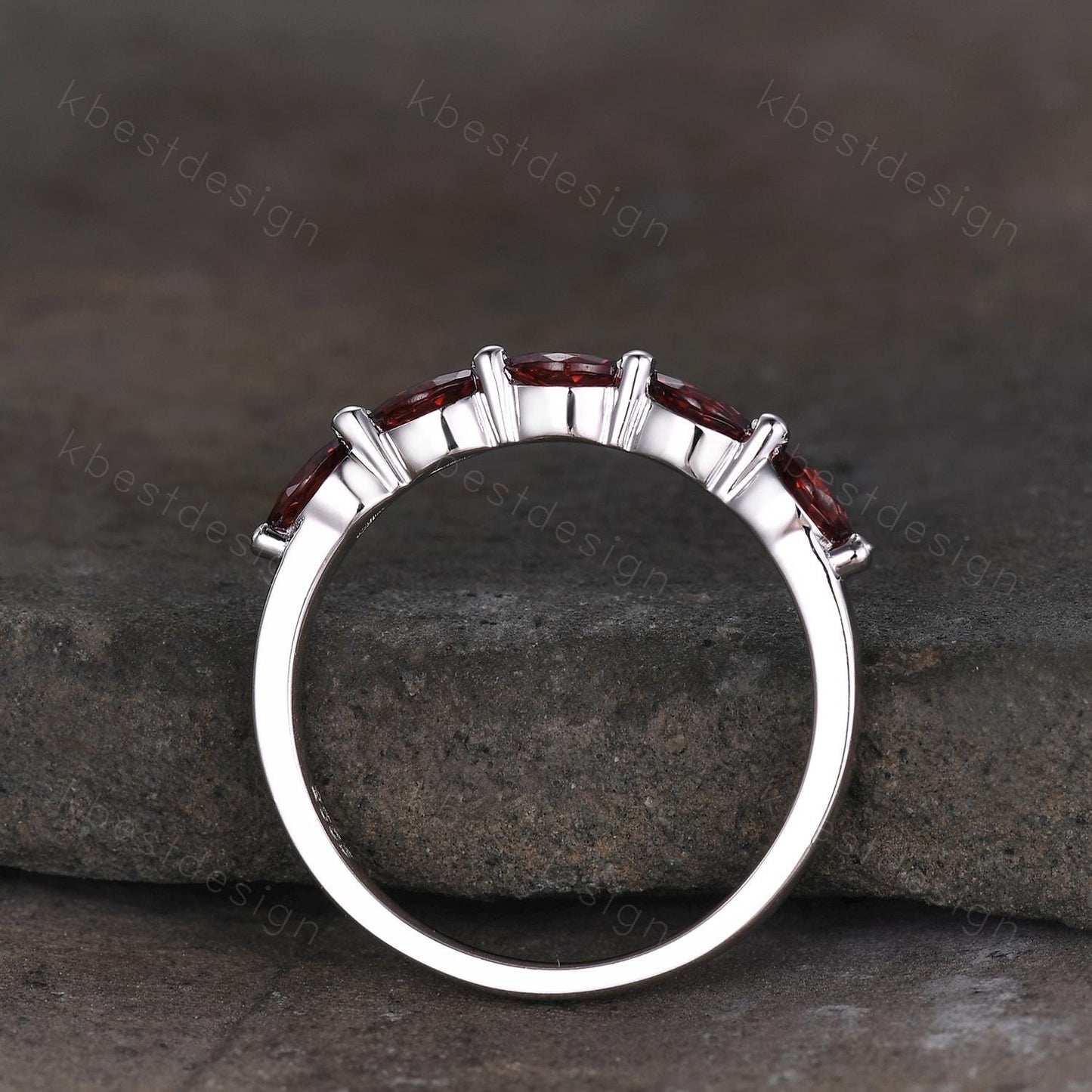 Marquise cut Garnet Wedding Band,White Gold Wedding Band,Unique Five Stone Ring,January Birthstone Jewelry,Gift For Mom,Personalized Ring