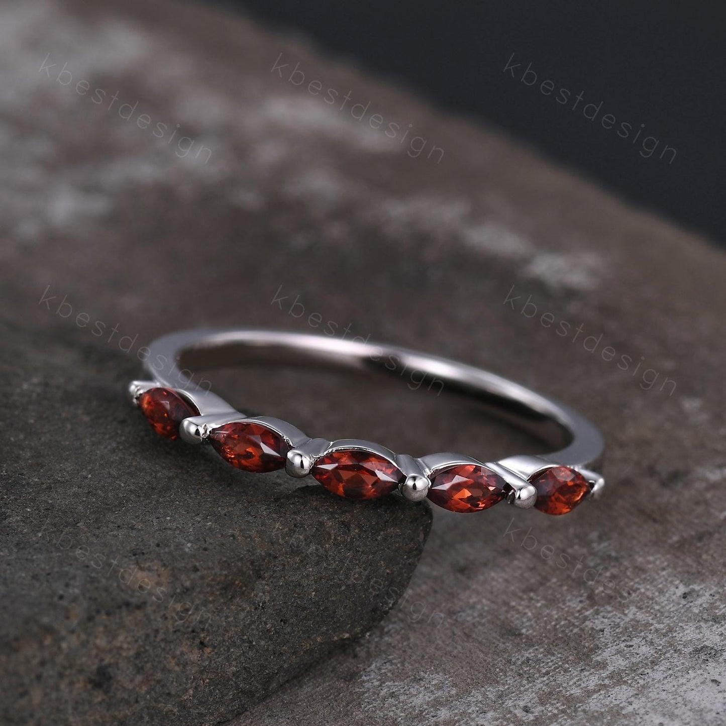 Marquise cut Garnet Wedding Band,White Gold Wedding Band,Unique Five Stone Ring,January Birthstone Jewelry,Gift For Mom,Personalized Ring