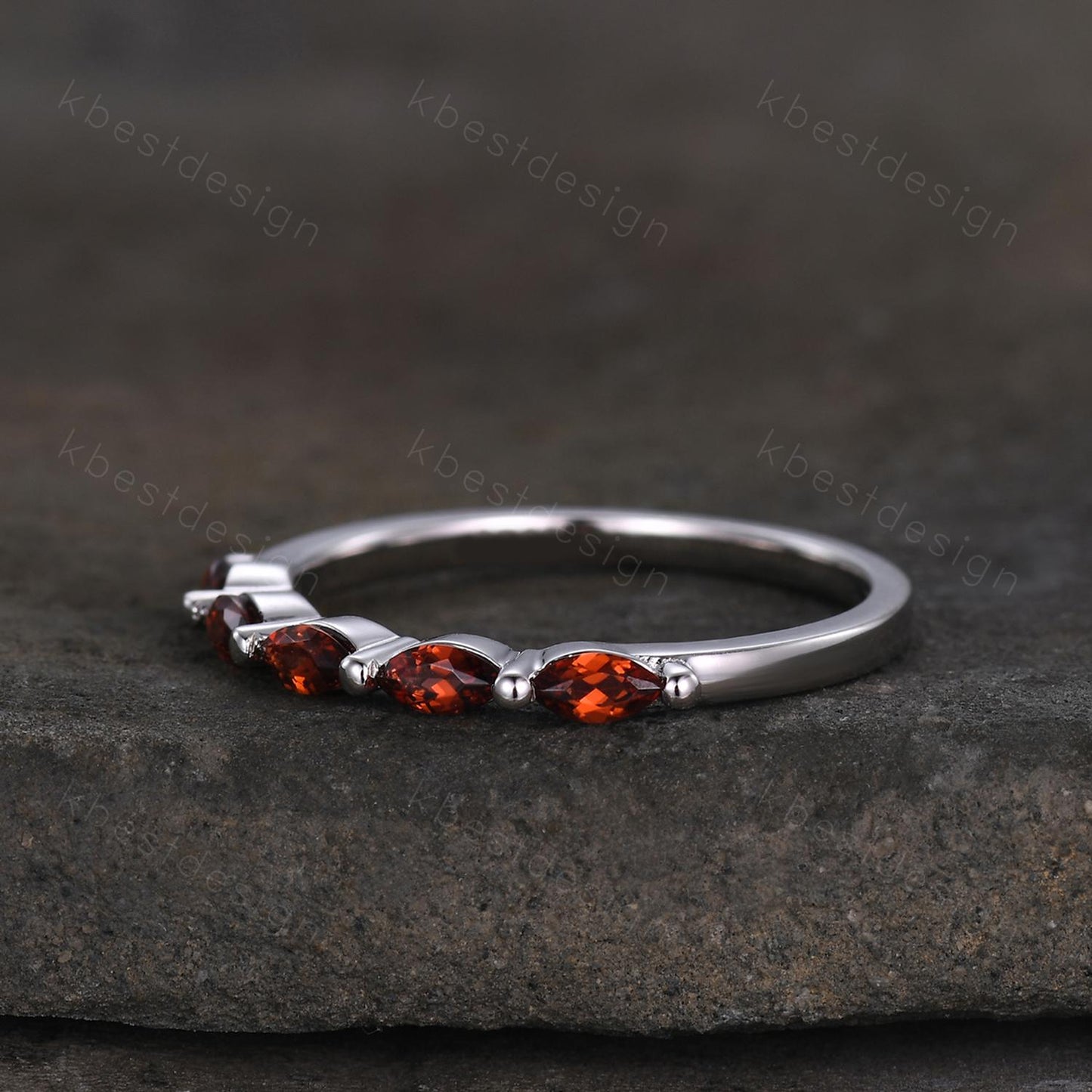 Marquise cut Garnet Wedding Band,White Gold Wedding Band,Unique Five Stone Ring,January Birthstone Jewelry,Gift For Mom,Personalized Ring