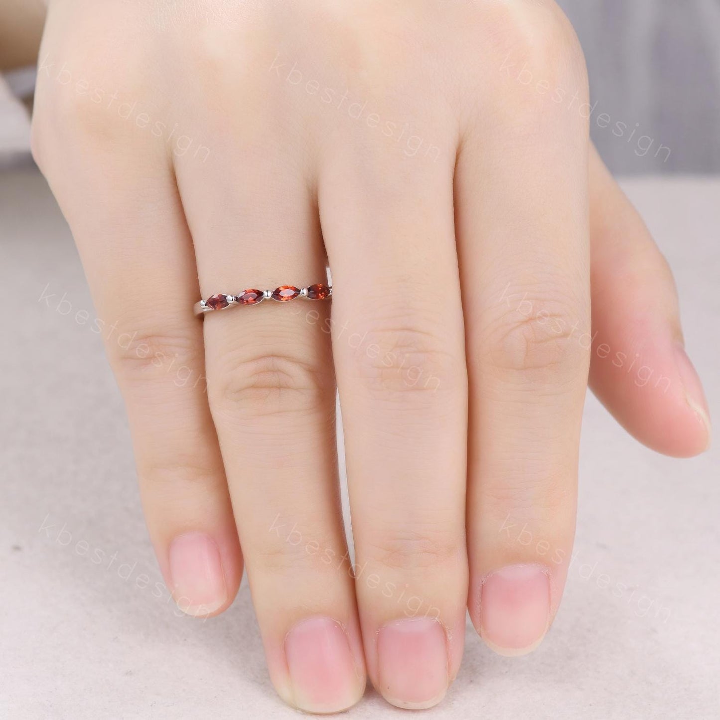 Marquise cut Garnet Wedding Band,White Gold Wedding Band,Unique Five Stone Ring,January Birthstone Jewelry,Gift For Mom,Personalized Ring