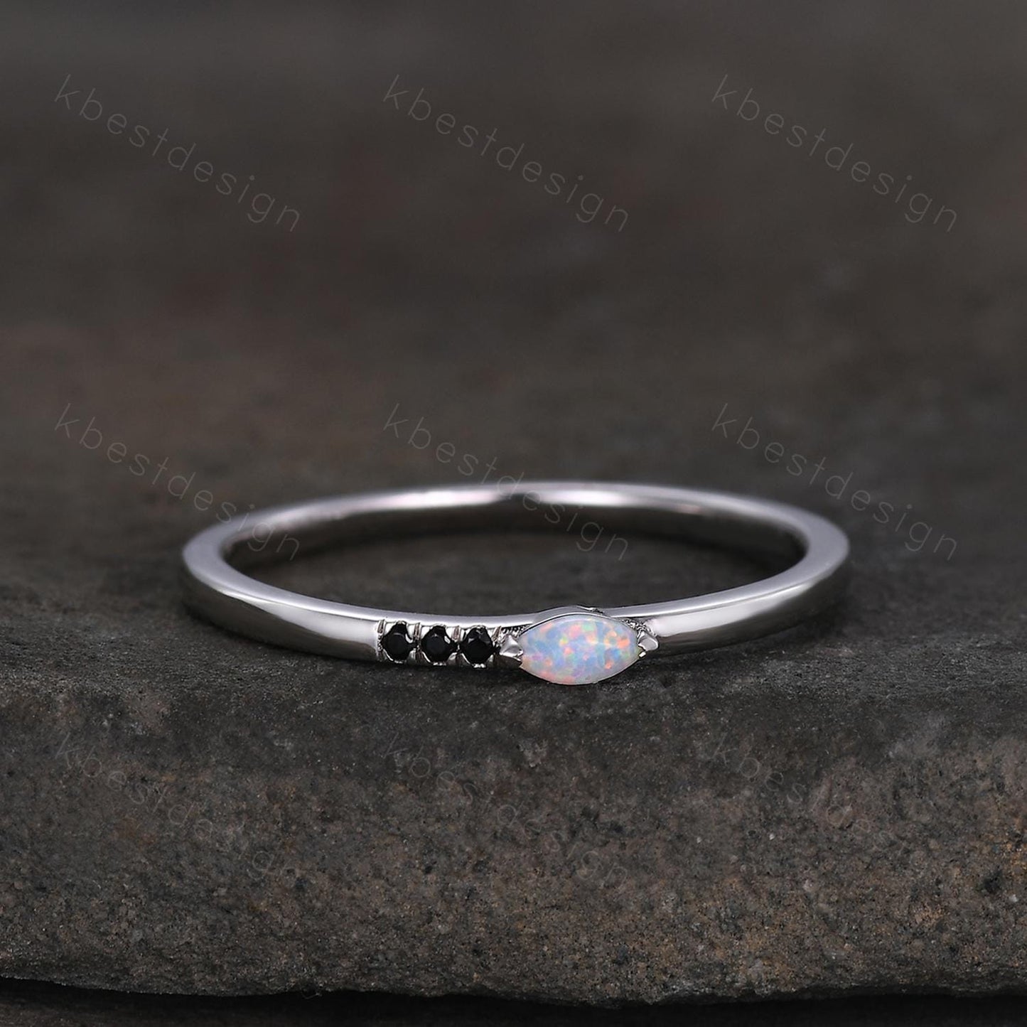 Minimalist Opal wedding band silver Black spinel band dainty marquise cut opal ring Unique stacking matching band Promise Anniversary gift
