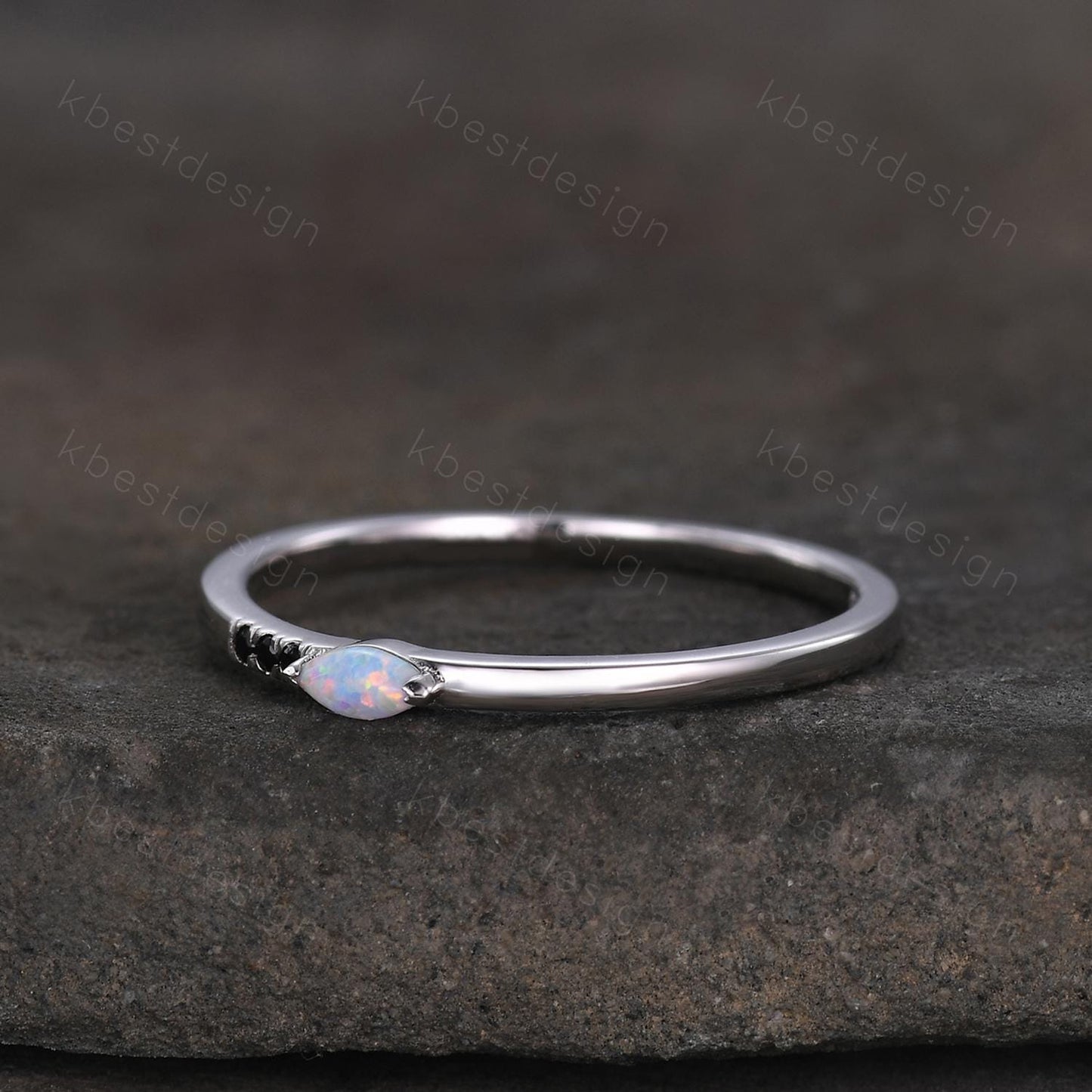 Minimalist Opal wedding band silver Black spinel band dainty marquise cut opal ring Unique stacking matching band Promise Anniversary gift