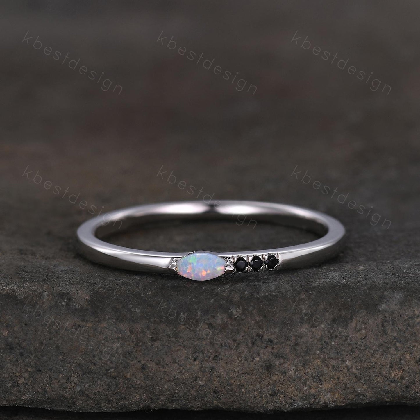 Minimalist Opal wedding band silver Black spinel band dainty marquise cut opal ring Unique stacking matching band Promise Anniversary gift
