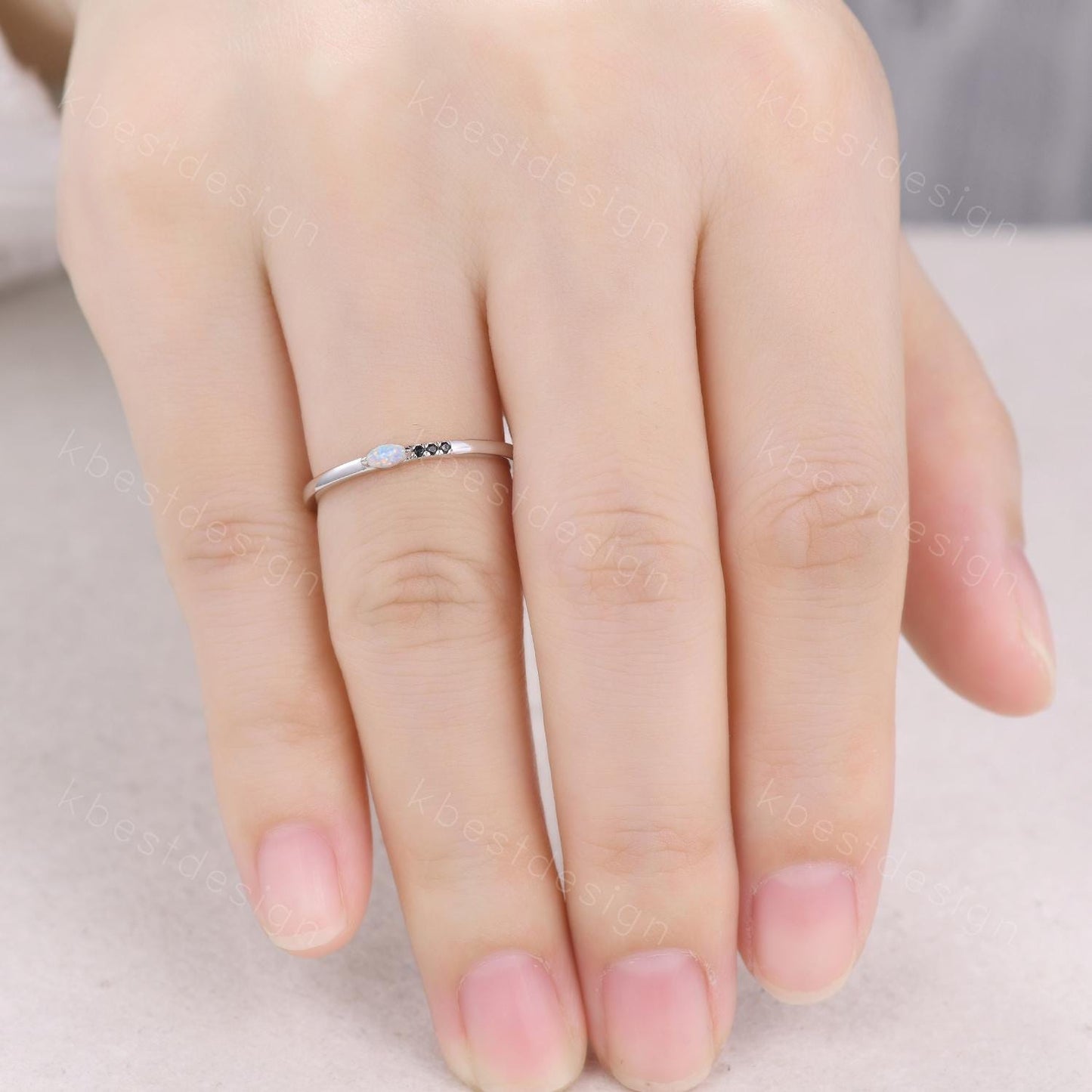 Minimalist Opal wedding band silver Black spinel band dainty marquise cut opal ring Unique stacking matching band Promise Anniversary gift