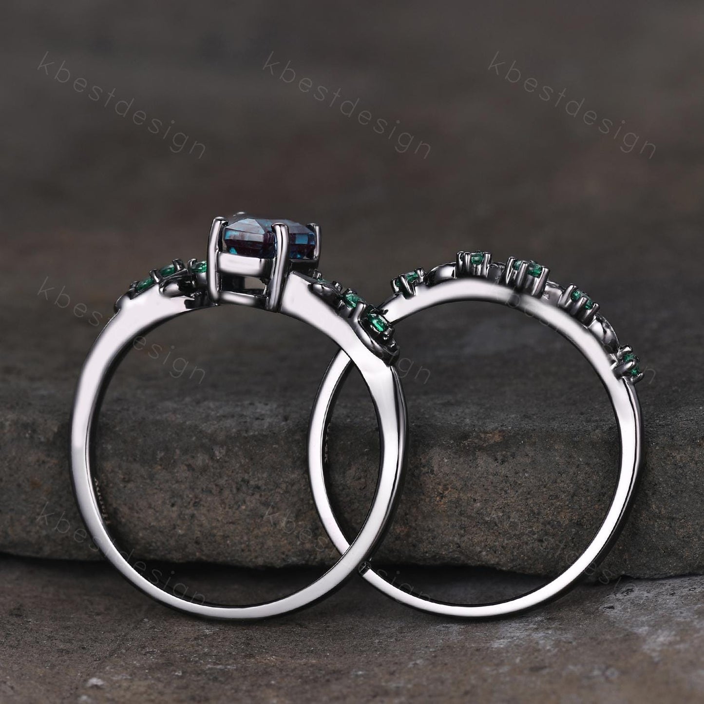 Vintage Coffin cut Alexandrite Engagement Ring Art Deco Branch Design Leaf Emerald Wedding Ring Gothic Black Gold Ring Unique Promise Set