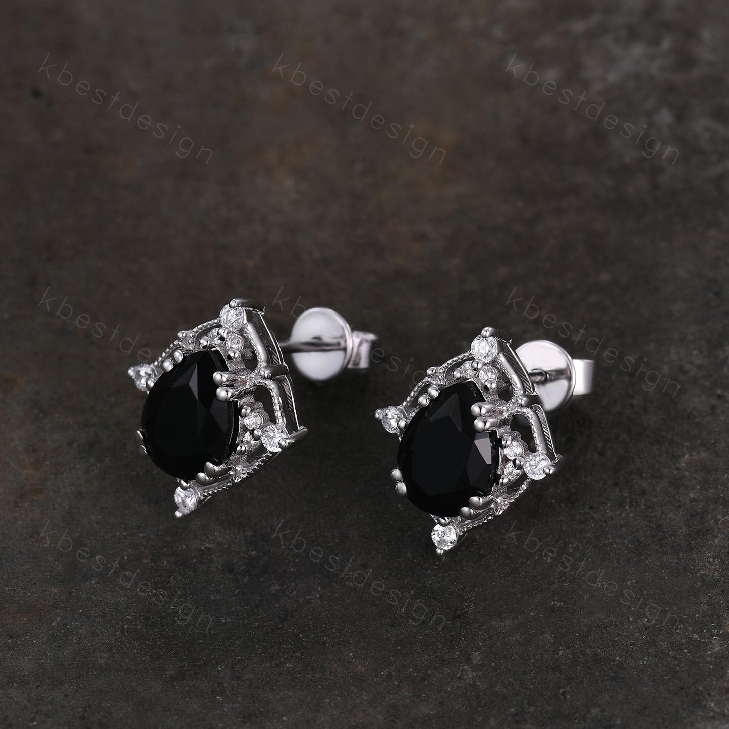 Vintage black onyx earrings women sterling silver earring studs pear cut earrings vintage black onyx studs antique anniversary gift for her
