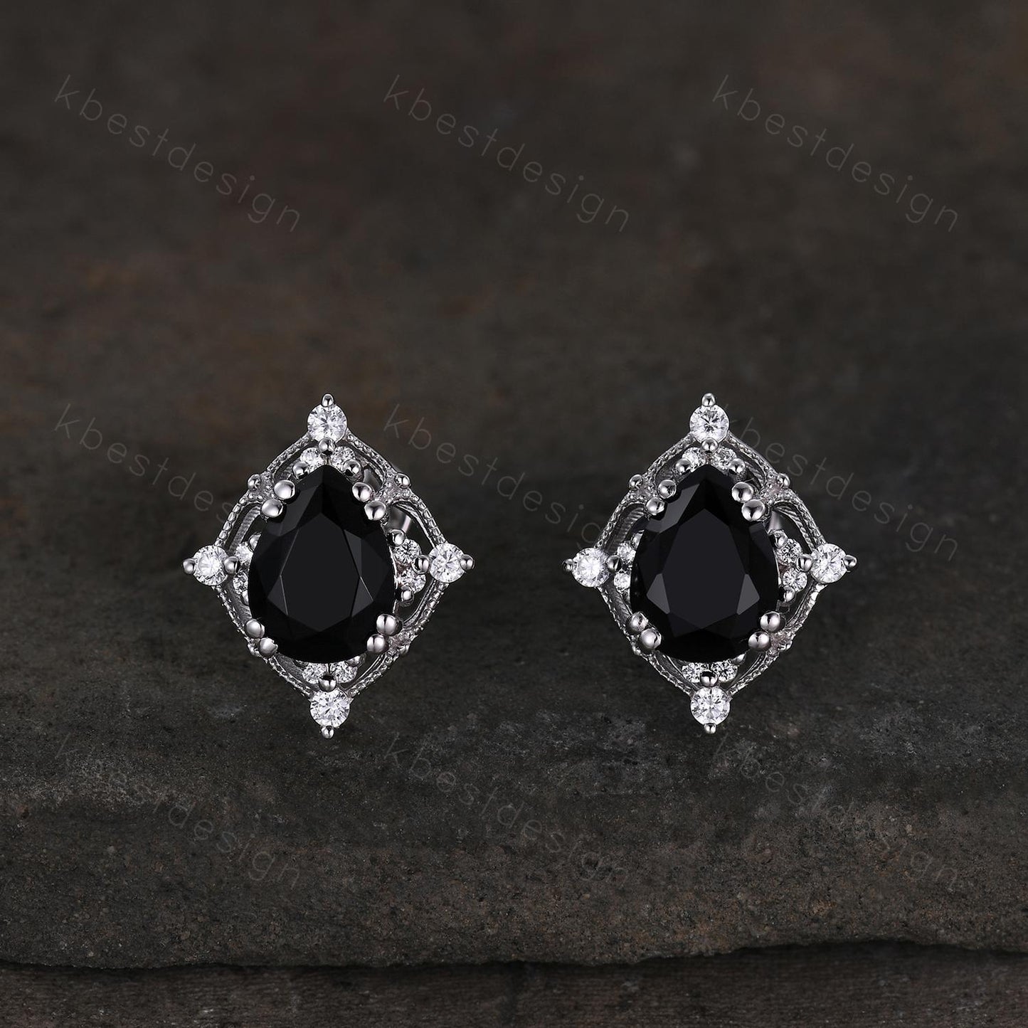 Black ritulated quartz earrings women sterling silver earring studs pear cut earrings vintage quartz studs antique anniversary gift for her