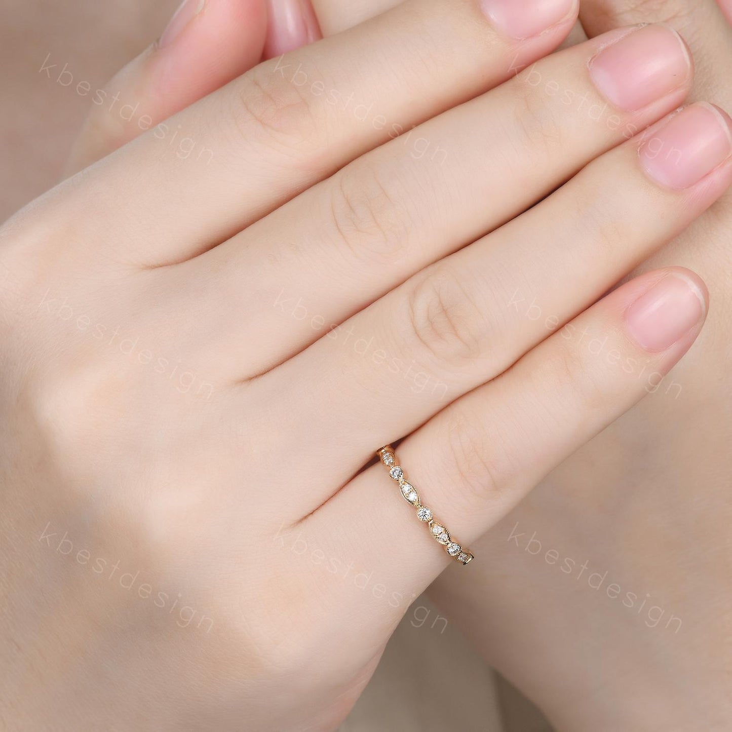 Dainty Moissanite wedding band women art deco half eternity band 14k solid gold wedding band Unique Stacking Matching anniversary ring gift