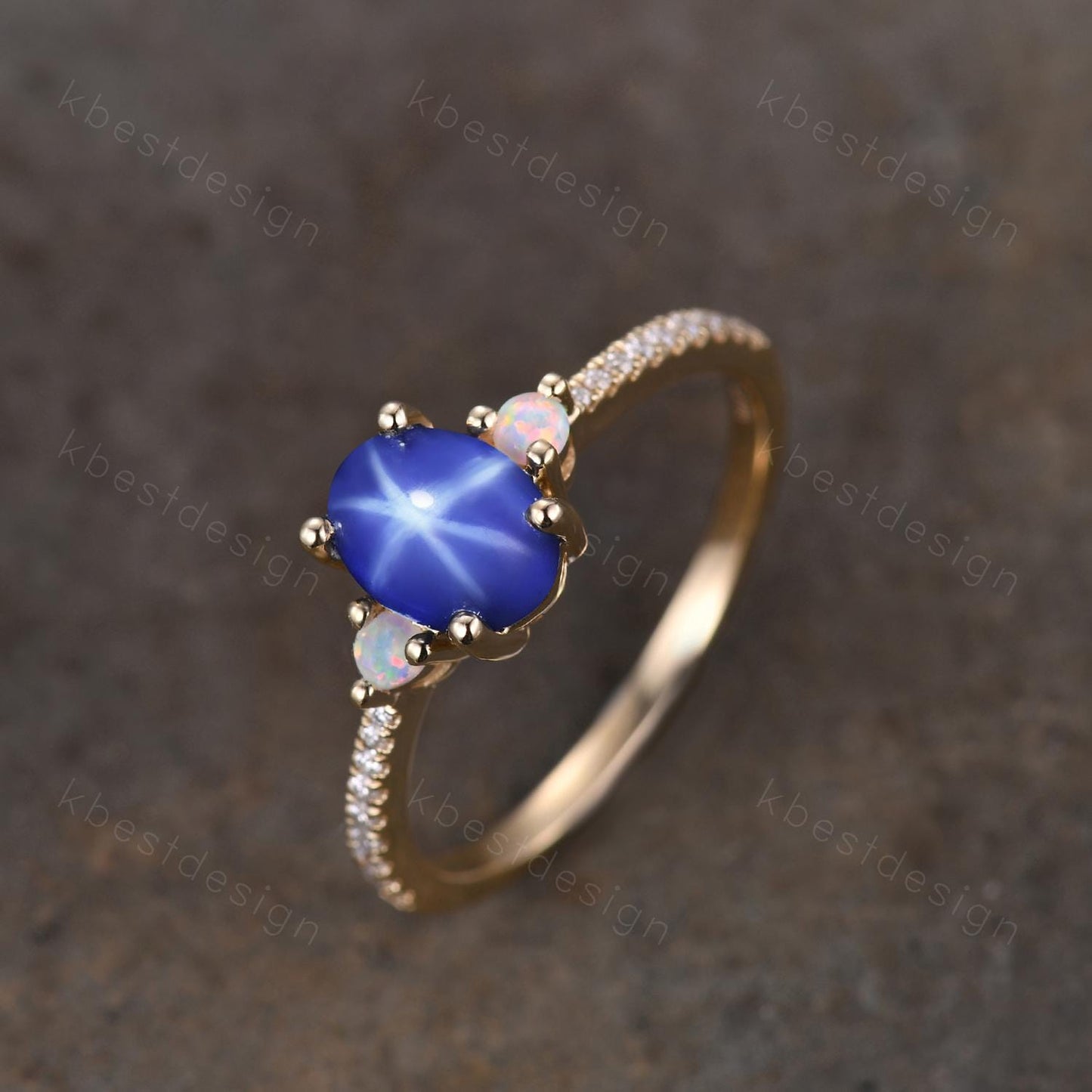 Star Sapphire Engagement Ring Oval Cut Galaxy Crystal Engagement Ring Yellow Gold Opal Three stone Ring Unique Promise Ring September Ring