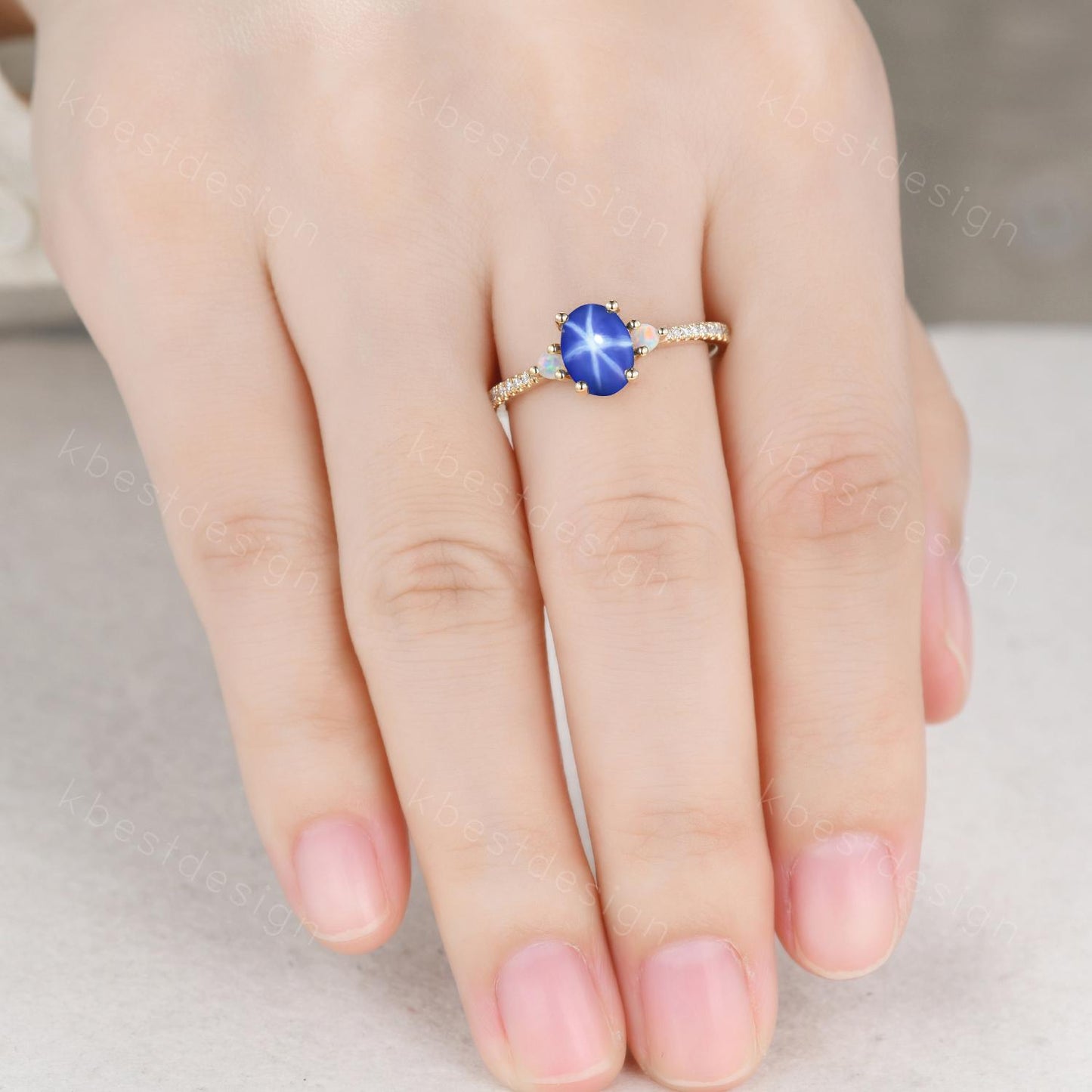 Star Sapphire Engagement Ring Oval Cut Galaxy Crystal Engagement Ring Yellow Gold Opal Three stone Ring Unique Promise Ring September Ring