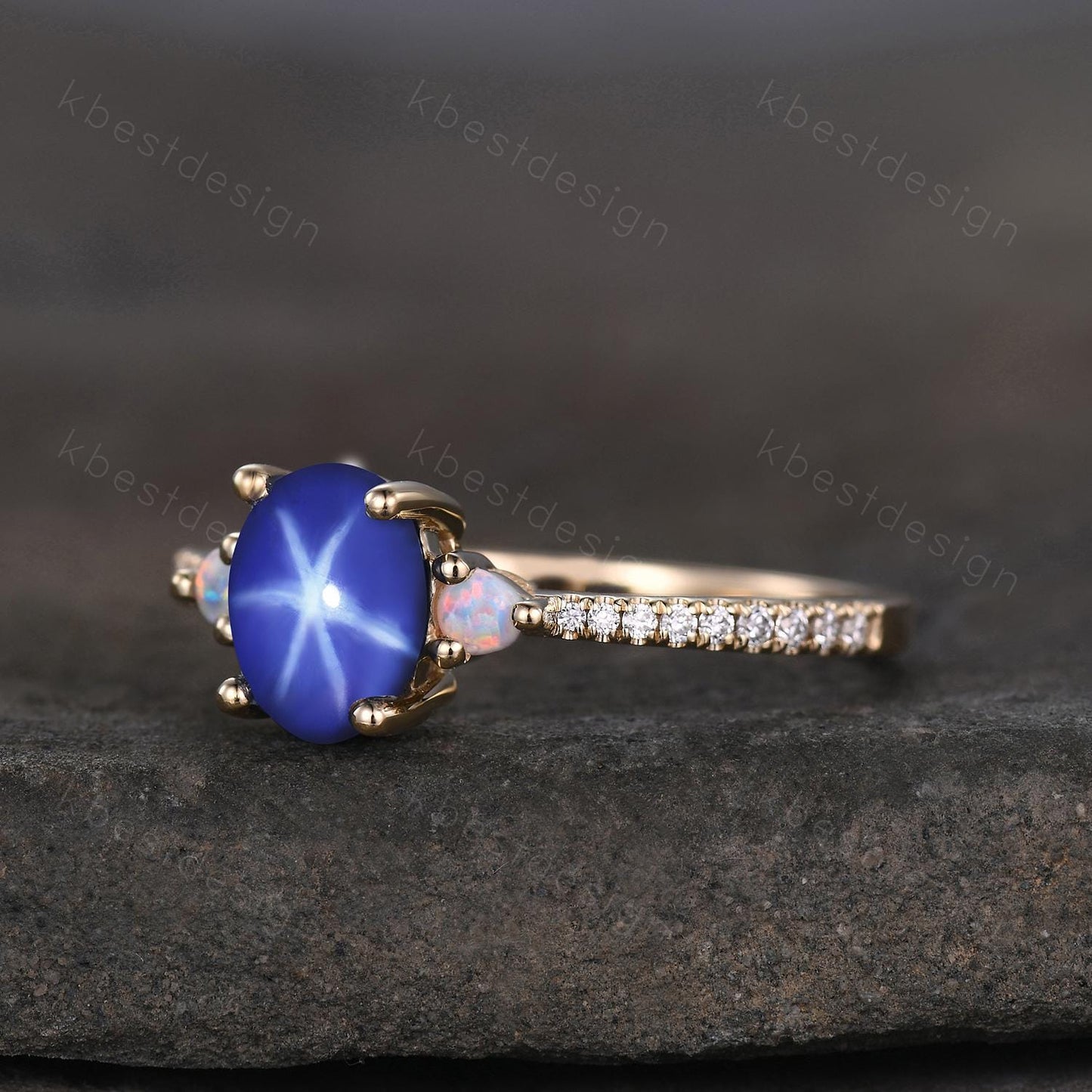 Star Sapphire Engagement Ring Oval Cut Galaxy Crystal Engagement Ring Yellow Gold Opal Three stone Ring Unique Promise Ring September Ring