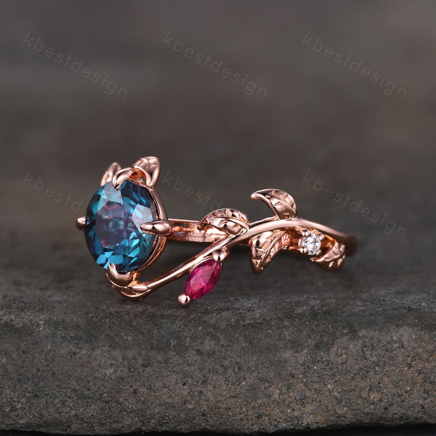 Vintage alexandrite engagement ring rose gold twig leaf ring art deco cluster peridot ruby ring nature inspired ring multi stone ring
