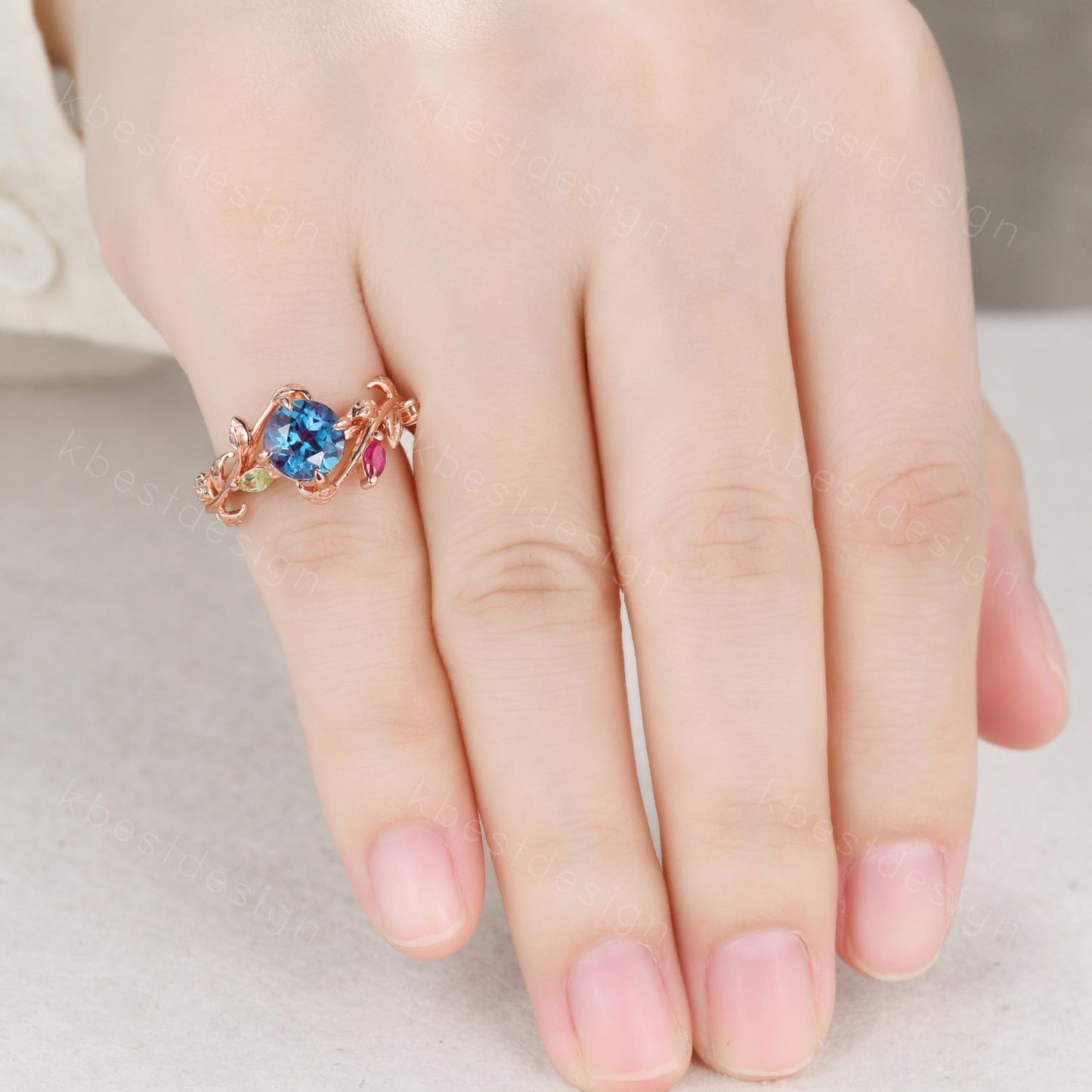 Vintage alexandrite engagement ring rose gold twig leaf ring art deco cluster peridot ruby ring nature inspired ring multi stone ring