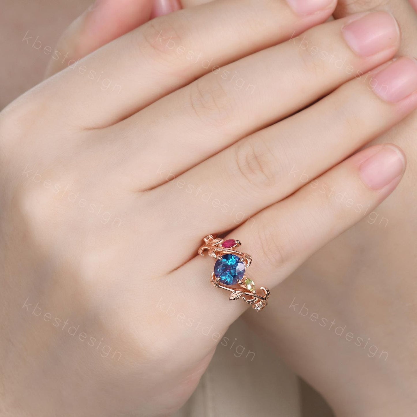 Vintage alexandrite engagement ring rose gold twig leaf ring art deco cluster peridot ruby ring nature inspired ring multi stone ring