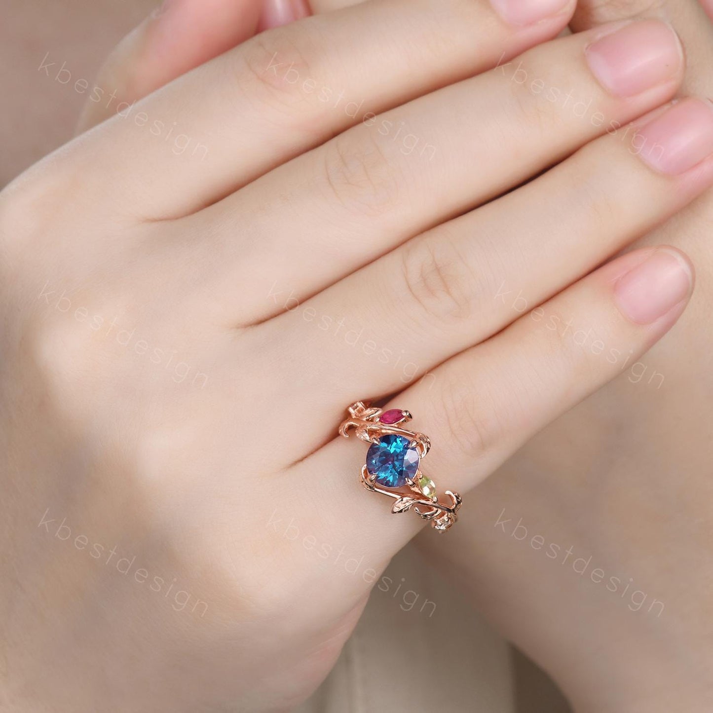 Vintage alexandrite engagement ring rose gold twig leaf ring art deco cluster peridot ruby ring nature inspired ring multi stone ring