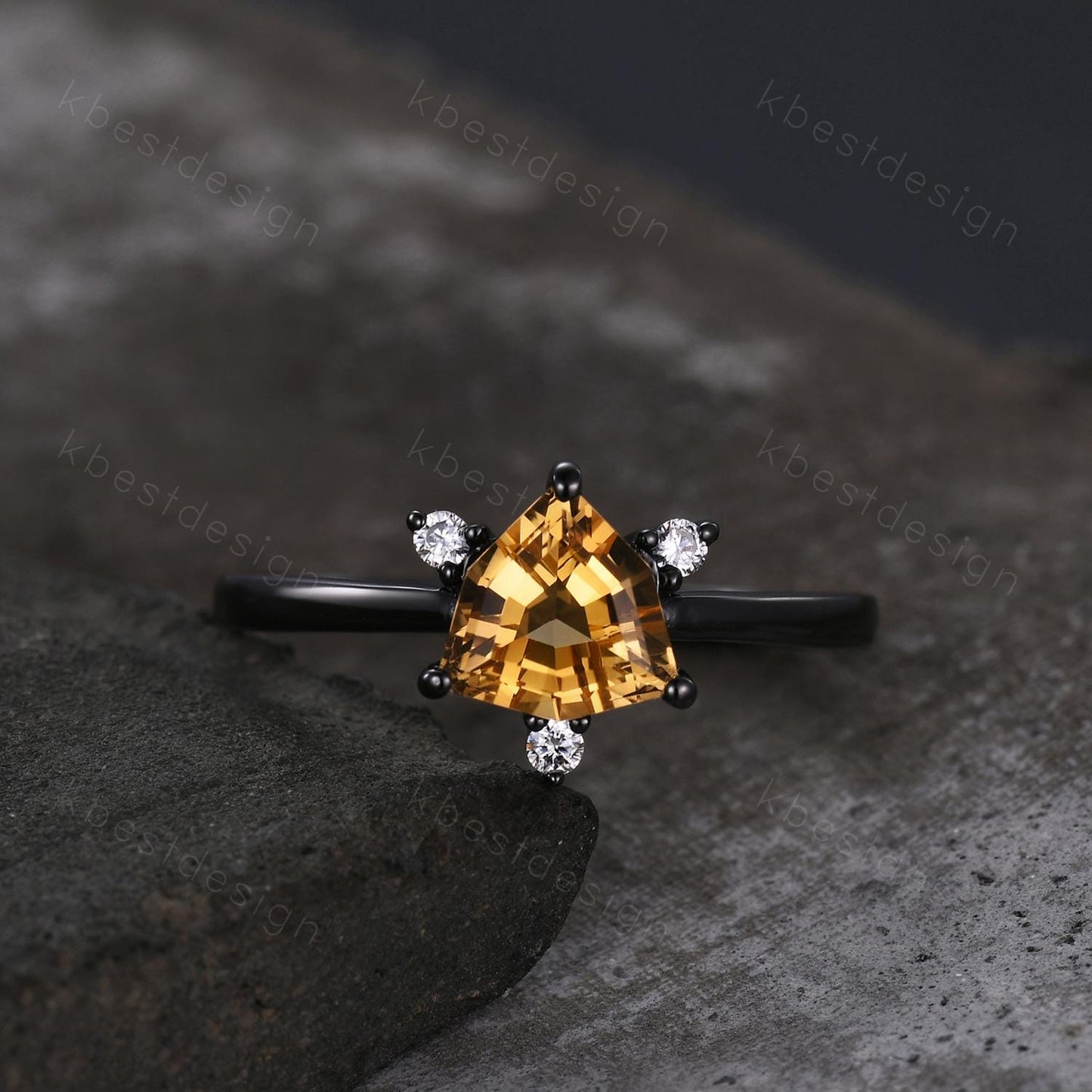 Irregular Cirtine Engagement Ring Gothic Black Gold Ring Unique Trillion Cut Citrine Ring Yellow Gemstone Solitaire Ring Promise Ring