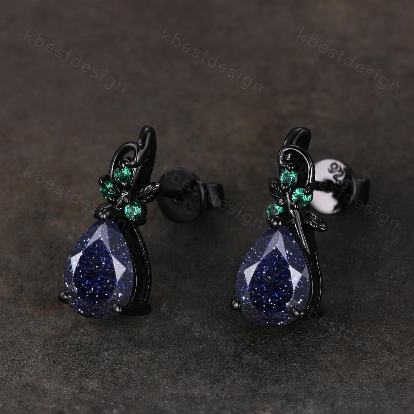 Nature inspired blue sandstone earrings women black gold earring studs teardrop earrings art deco emerald studs anniversary gift for her
