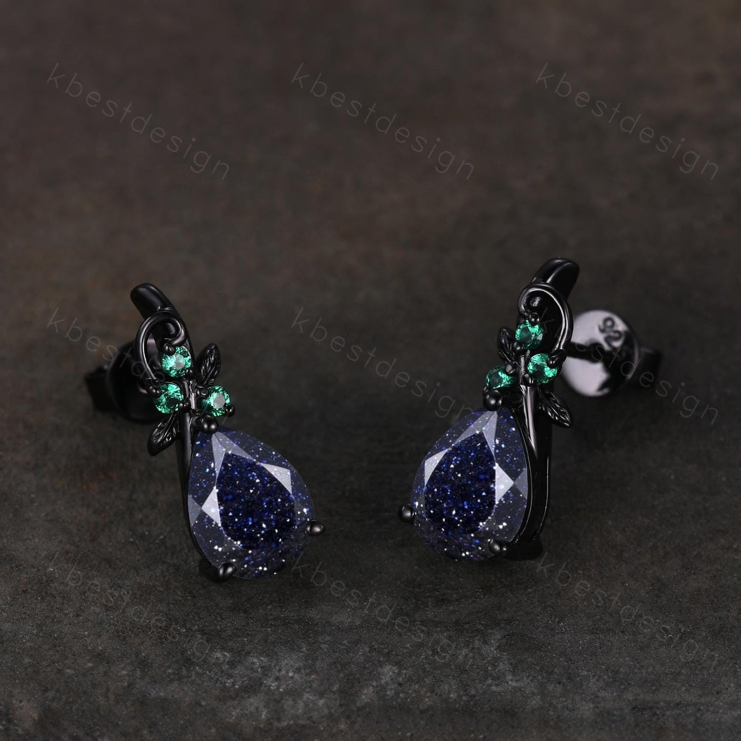 Nature inspired blue sandstone earrings women black gold earring studs teardrop earrings art deco emerald studs anniversary gift for her